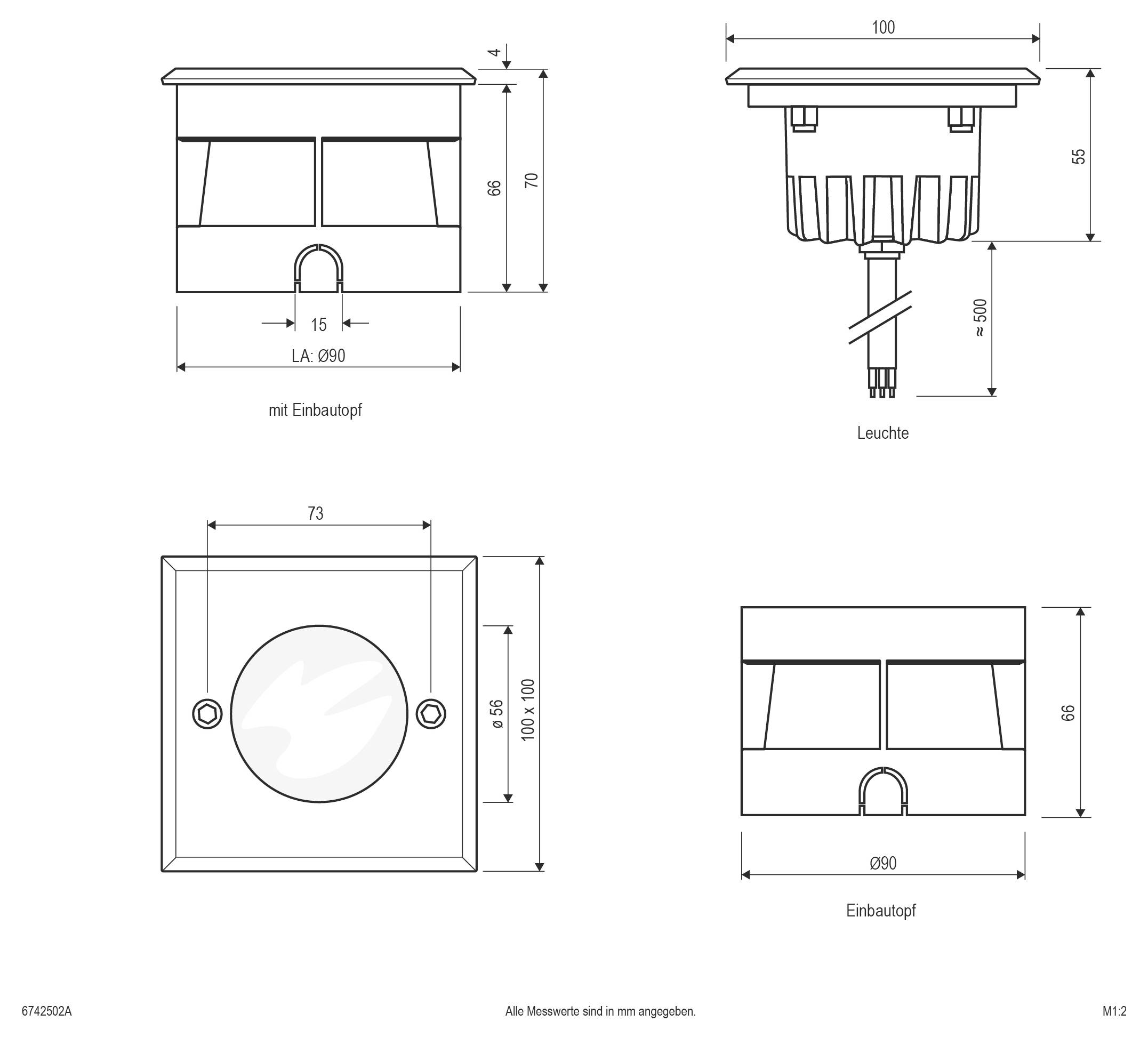 Technische Linienzeichnungen einer quadratischen Einbauleuchte aus Frontan­sicht, Seitenansicht und Draufsicht, mit Abmessungen in Millimetern und Beschriftungen „mit Einbautopf