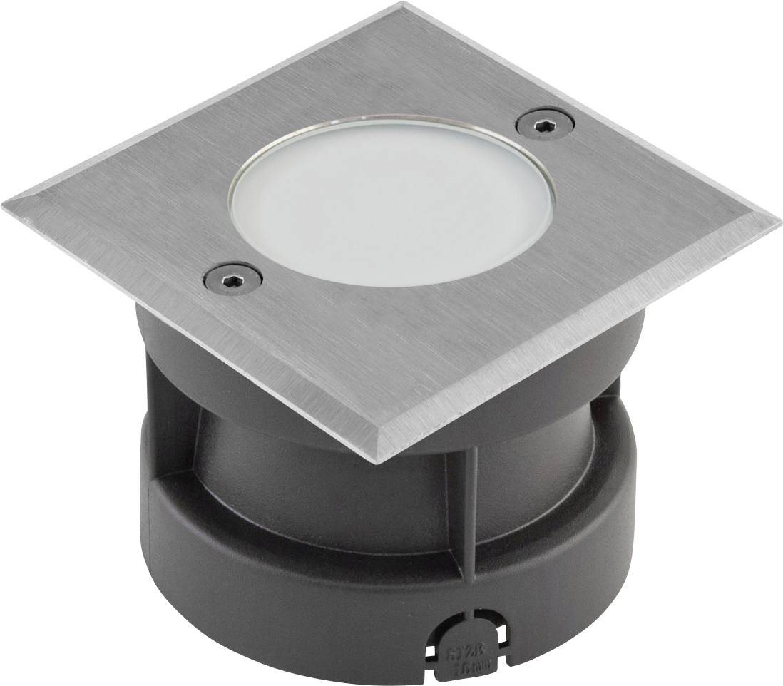 Einbauleuchte aus Metall und Kunststoff mit quadratischer Abdeckung und runder Lichtöffnung, geeignet für Bodenmontage im Außenbereich.