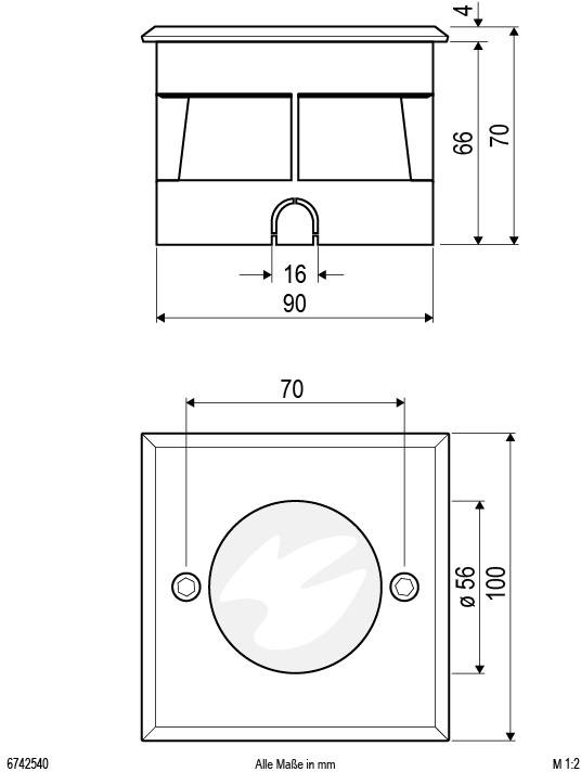 Technische Zeichnung eines Elektrogehäuses: Front- und Seitenansicht mit Maßangaben in Millimetern. Rechteckig, 90 mm breit, 100 mm hoch.