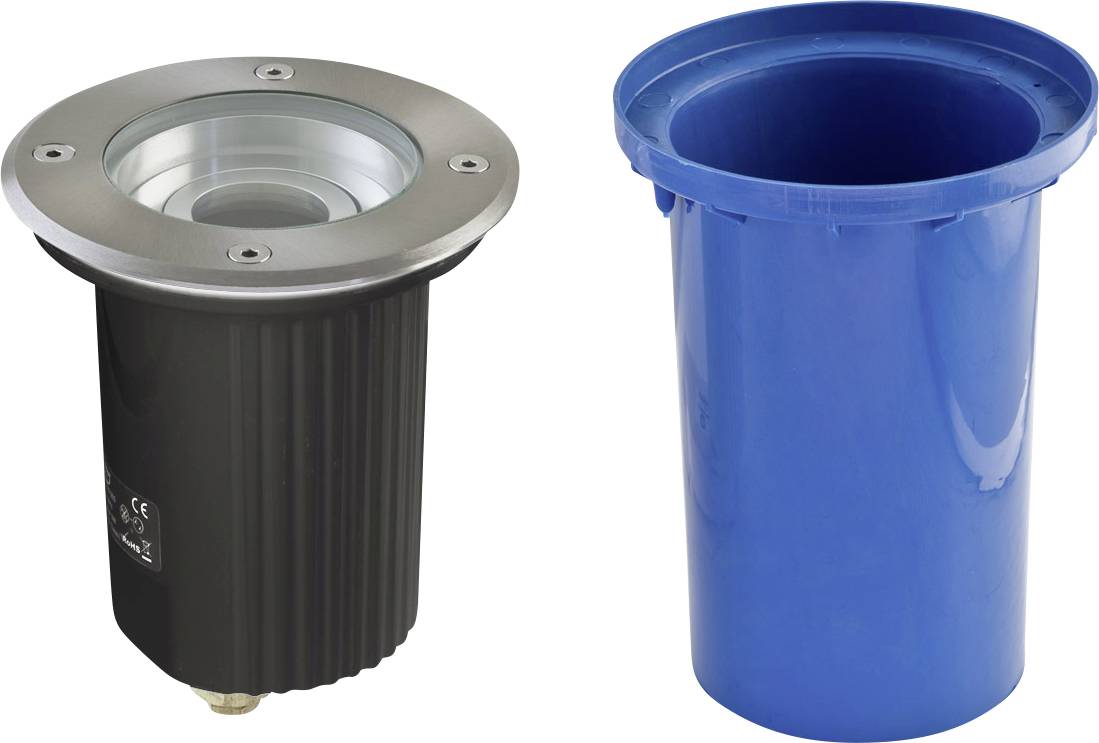 Einbauleuchte mit Edelstahlrahmen und Glasabdeckung neben einem blauen Kunststoffgehäuse, wahrscheinlich für Bodeninstallation geeignet.