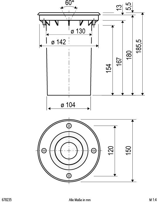 Technische Zeichnung eines zylindrischen Teils mit Abmessungen, z.B. Höhe 185,5 mm, Durchmesser oben 142 mm, unten 104 mm.