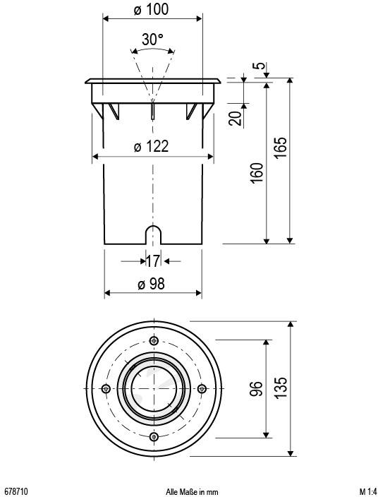Technische Zeichnung eines Bauteils mit Maßen in Millimeter. Obere Ansicht zeigt Durchmesser von 122 mm, seitliche Ansicht Höhe von 165 mm.