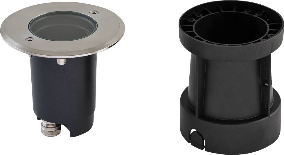 Bodenleuchte mit Metallring und Kunststoffgehäuse, geeignet für Außenbereiche. Lampengehäuse links, Sockel rechts.