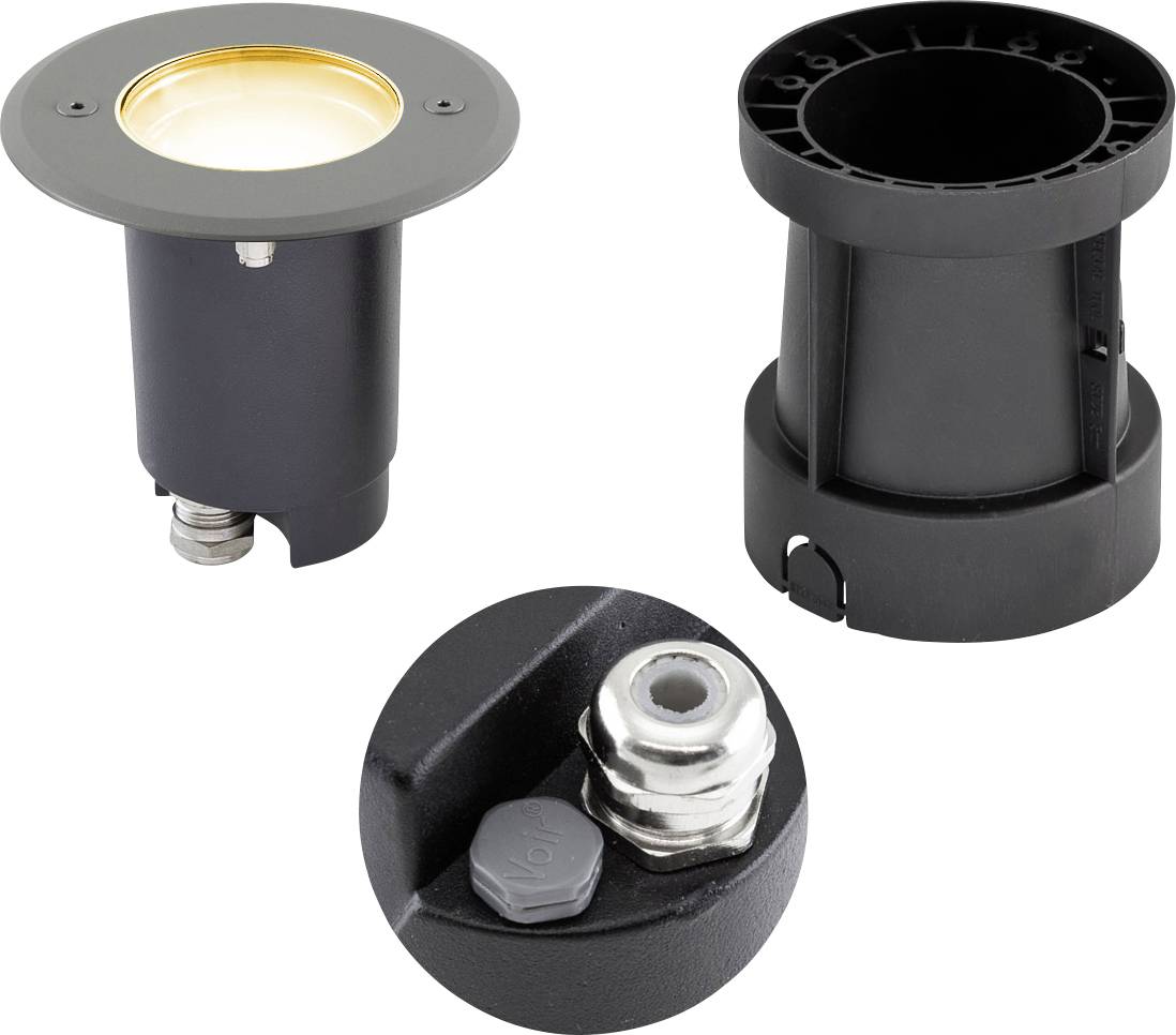 Schwarze versenkte LED-Landschaftsleuchte gezeigt von vorne, seitlich und von der Basis aus, mit sichtbarem Befestigungsmaterial und Stromverbindung.