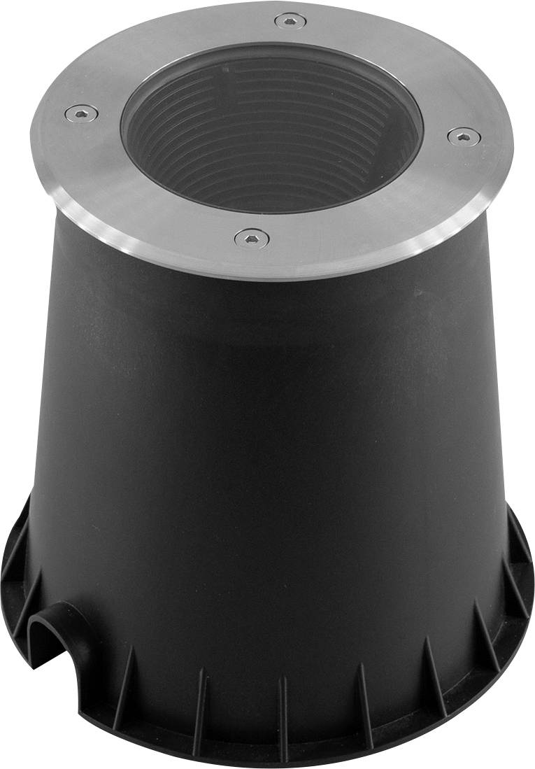 Eine runde, zylindrische Kunststoffschaft mit einem silbernen Metallring oben, geeignet für die sichere Bodenbefestigung von Objekten.