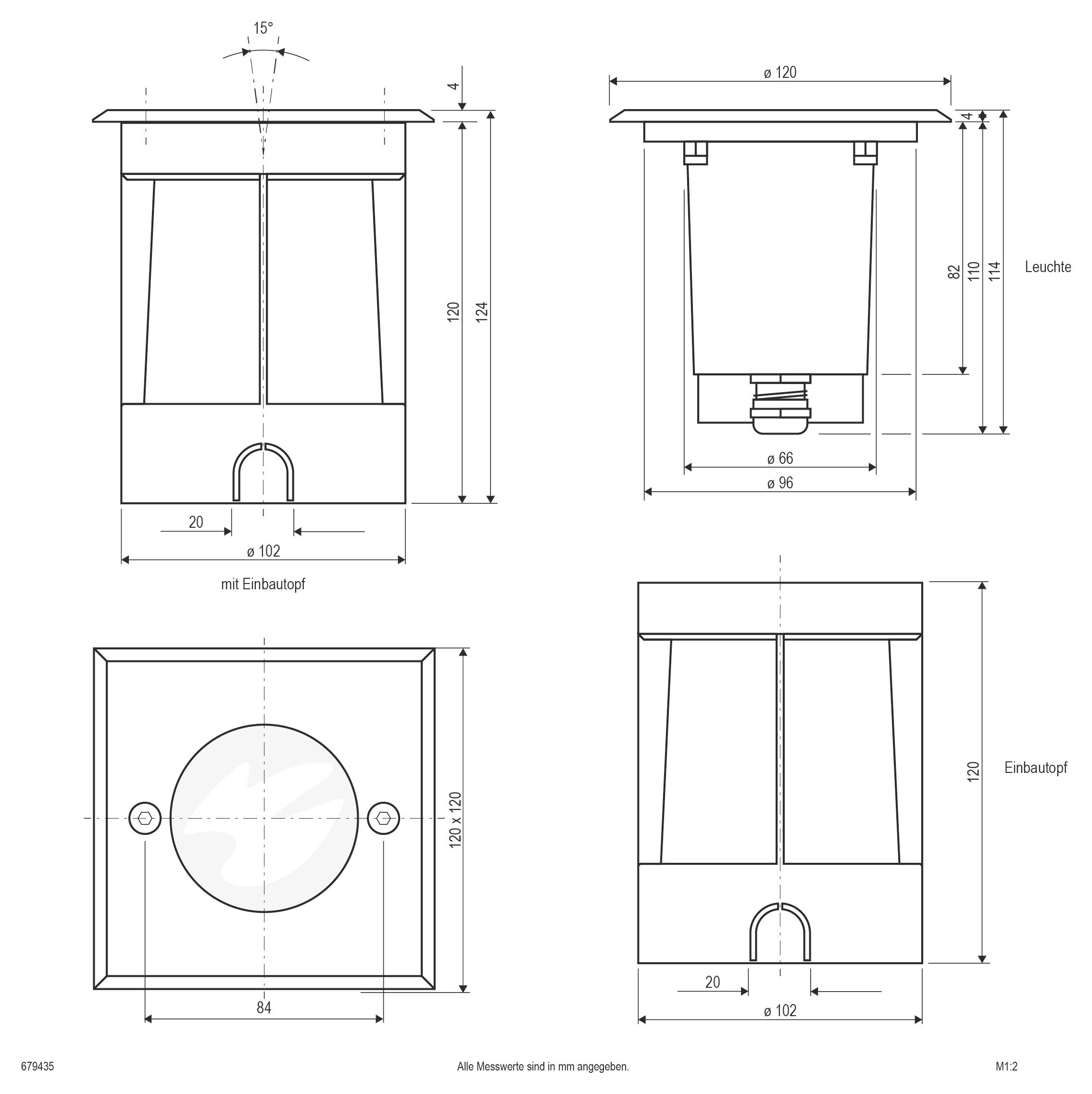 Technische Maßstabzeichnung einer quadratischen eingebauten Leuchte aus mehreren Ansichten, mit Messwerten, Einbautiefe und einer kreisförmigen Öffnung.