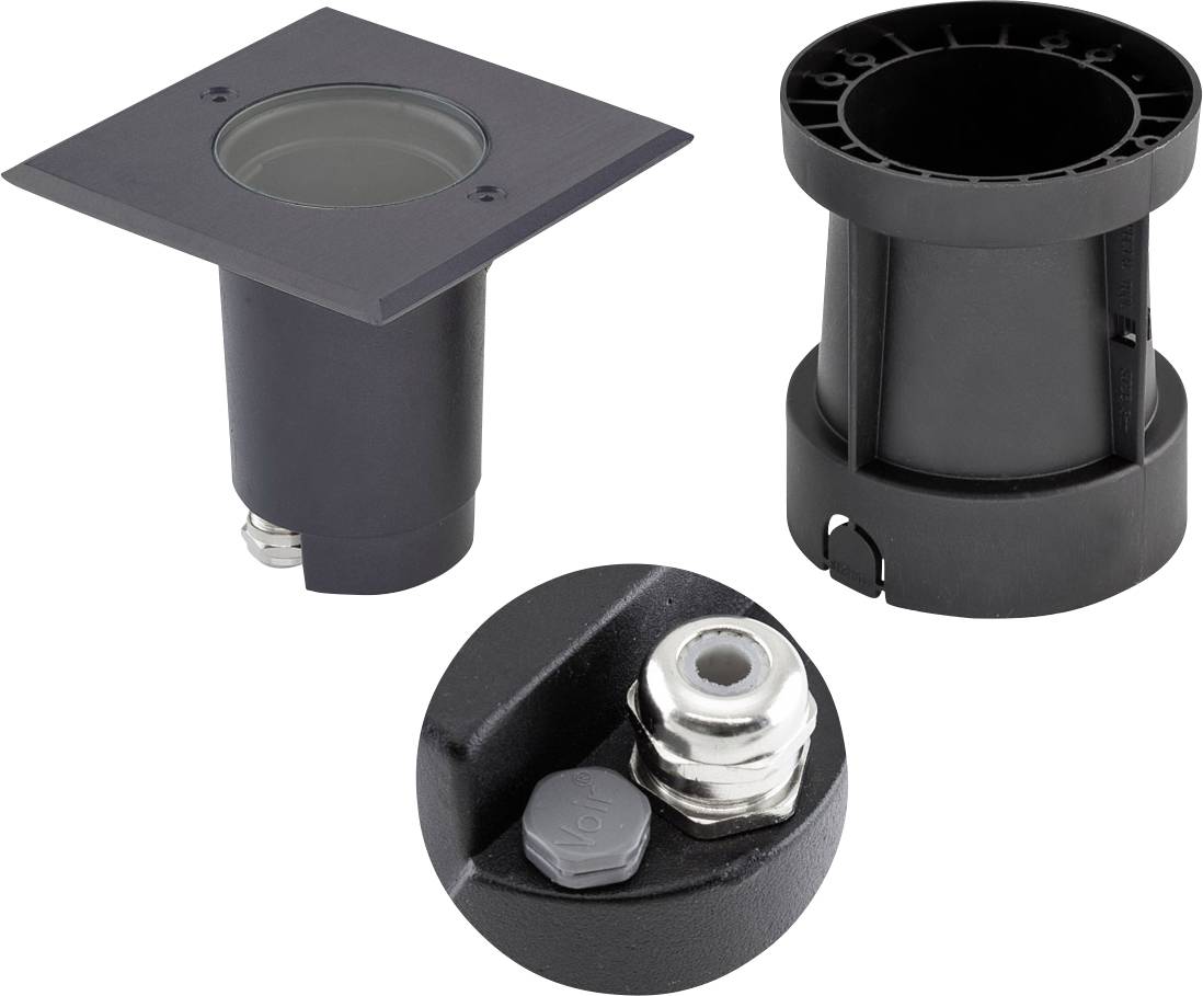 Drei schwarze, zylindrische Kunststoffkomponenten, die zusammen eine Leuchte mit quadratischer Abdeckung und rückseitiger Kabelverbindung bilden.