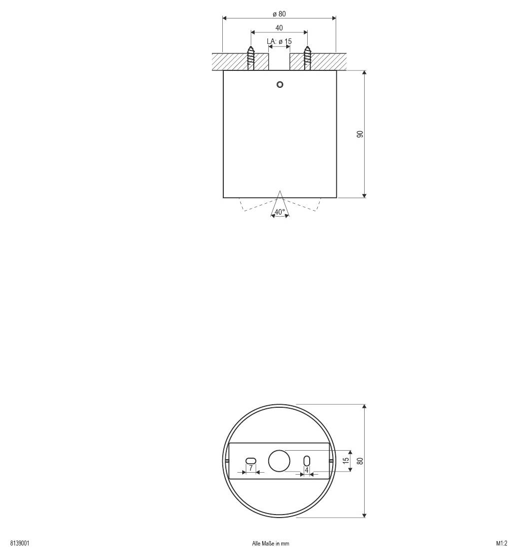 Technische Zeichnung einer zylindrischen Komponente mit Draufsicht und Vorderansicht, die die Abmessungen Ø80, 90, 15 und einen Winkel von 40° zeigt.