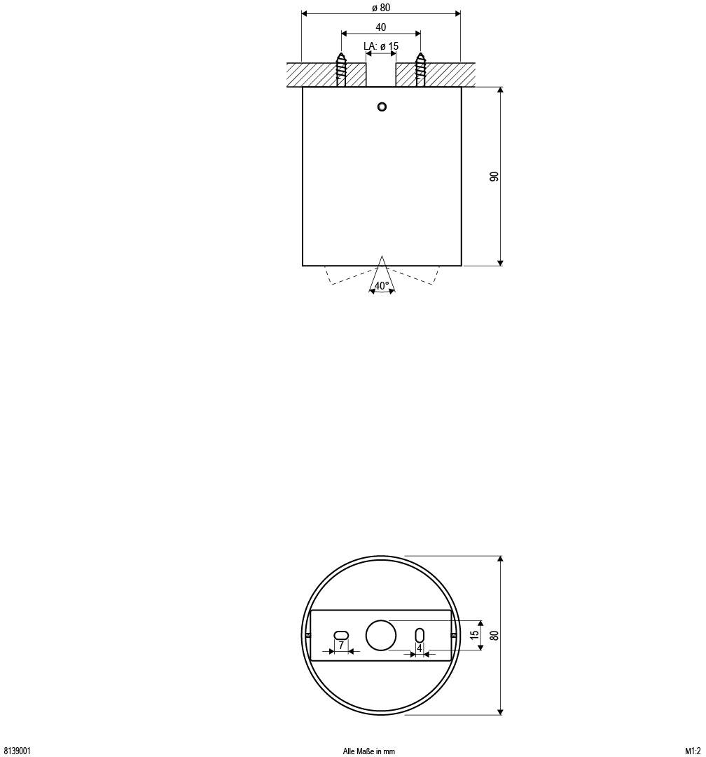 Technische Zeichnung einer zylindrischen Beleuchtungskörper-Montage. Zeigt Querschnitt, Befestigungswinkel, Maße und Montagehinweise.