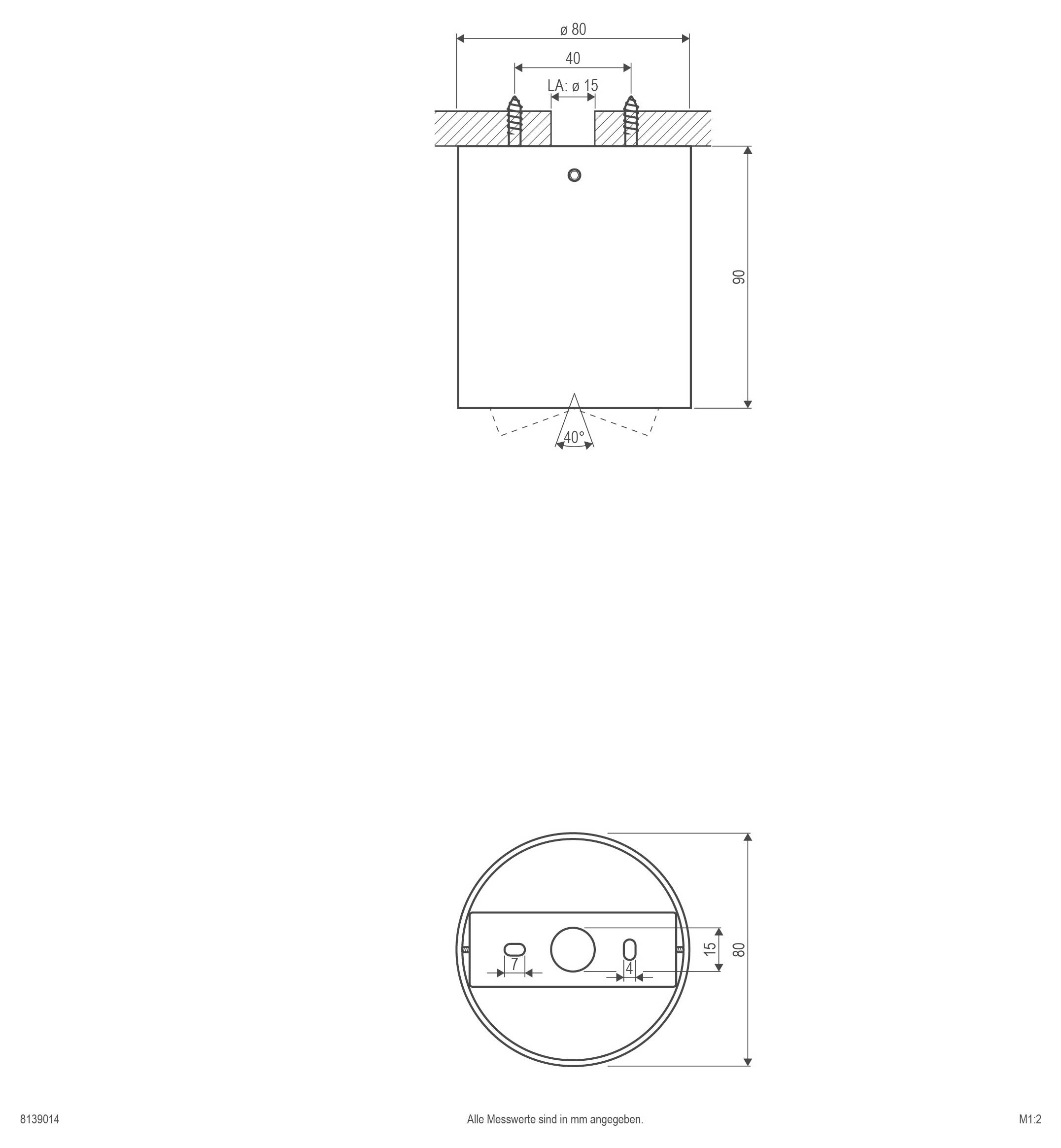 Technische Zeichnung einer zylindrischen Komponente, die Draufsicht und Vorderansicht mit Abmessungen zeigt, einschließlich 80 mm Durchmesser, 80 mm Höhe und einem 40°-Winkel am unteren Ende.