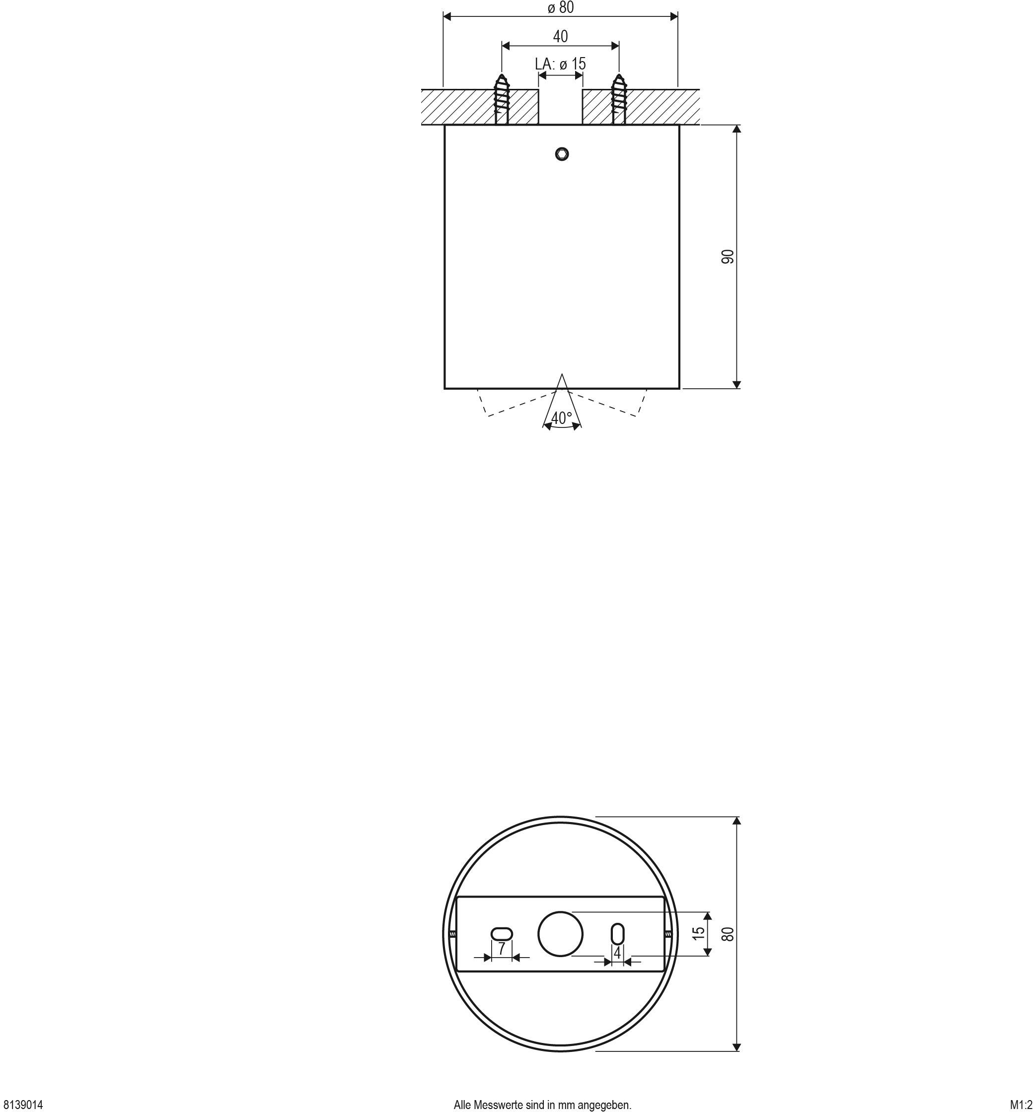 Technische Zeichnung mit Maßen eines zylindrischen Objekts, Seiten- und Draufsicht. Enthält Bohrungen und Befestigungspunkte.