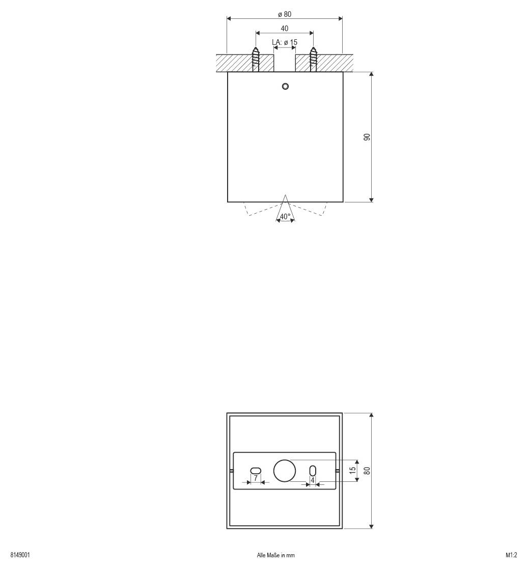 Technische Zeichnung einer zylindrischen Komponente mit Draufsicht und Vorderansicht, die Abmessungen Ø80, 80, 40 und 15 zeigt, plus einen 40°-Kegel am unteren Ende.