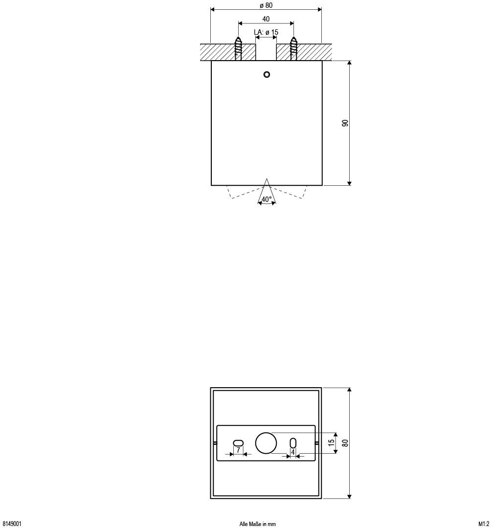Technische Zeichnung einer Wandhalterung mit Befestigungspunkten, Abmessungen und Montagedetails in Millimetern.