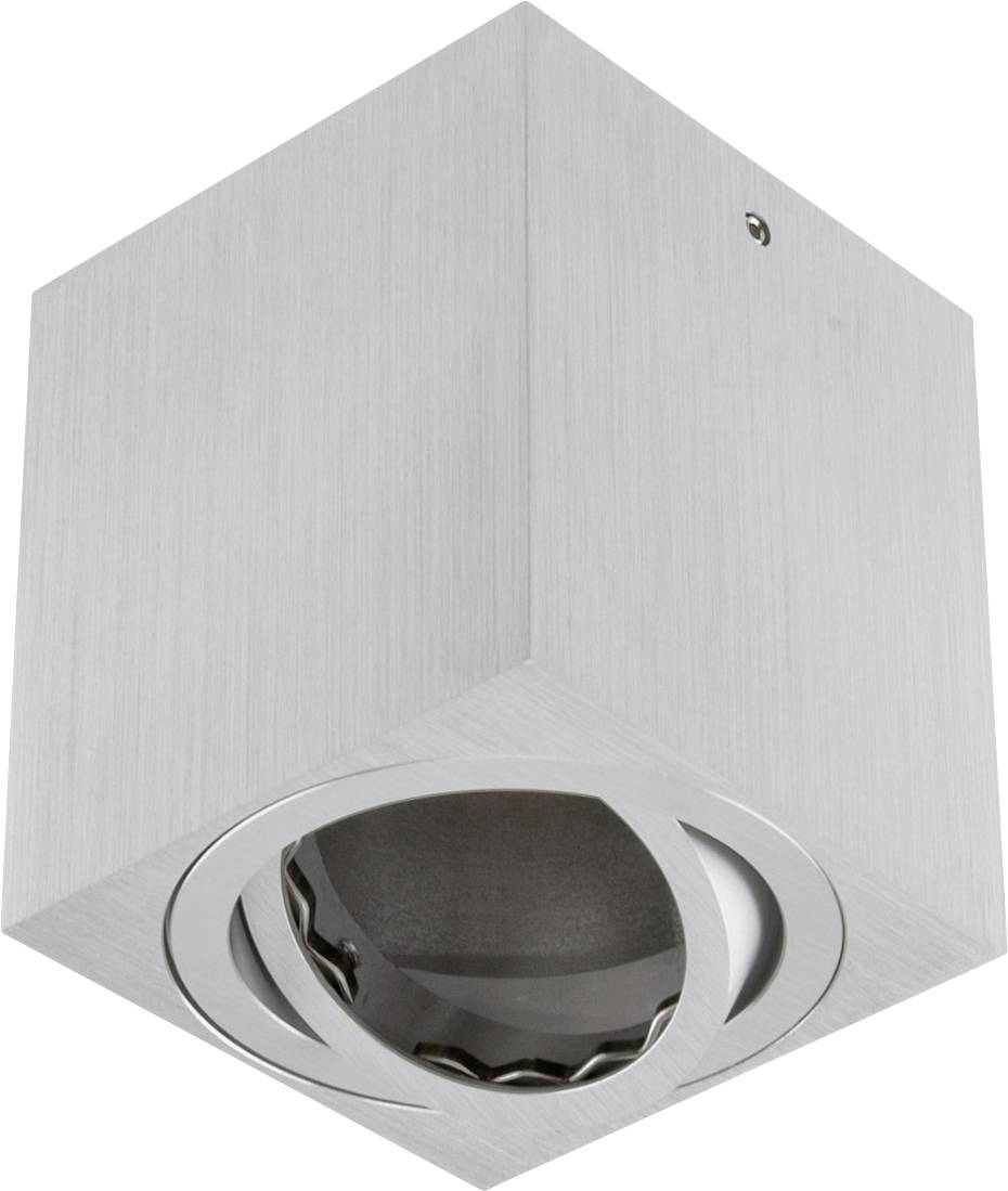 Deckenleuchte aus gebürstetem Metall, würfelförmig, mit rundem Strahler in der Unterseite. Moderner, minimalistischer Stil.