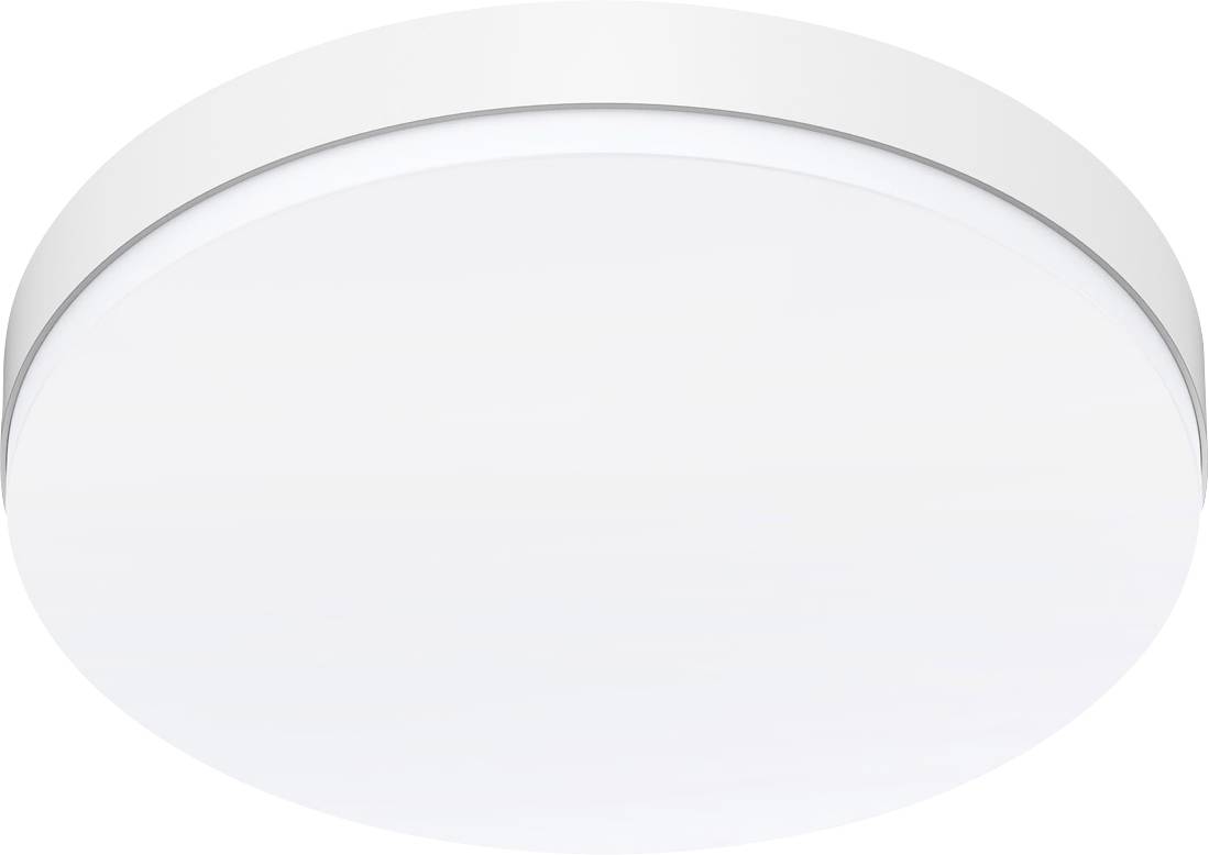 Runde weiße Deckenleuchte mit silbernem Rand, von unten fotografiert.