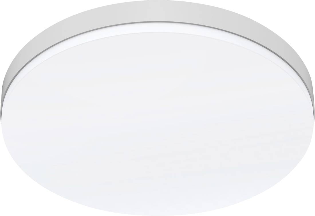 Runde, flache LED-Deckenleuchte in schlichtem Weiß.