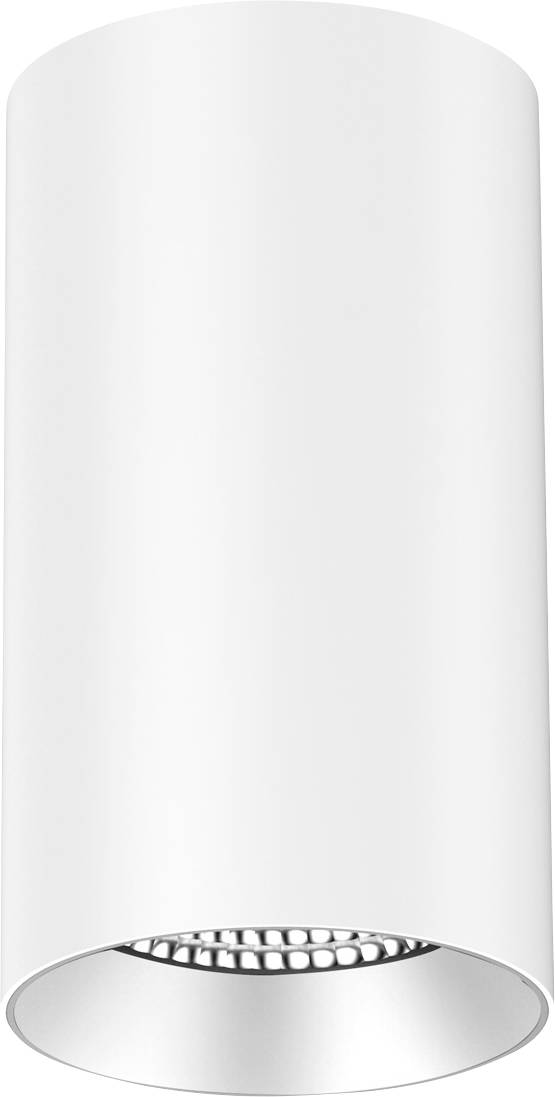Eine weiße zylindrische Deckenleuchte mit offener Unterseite, zeigt eine metallfarbene Innenstruktur.