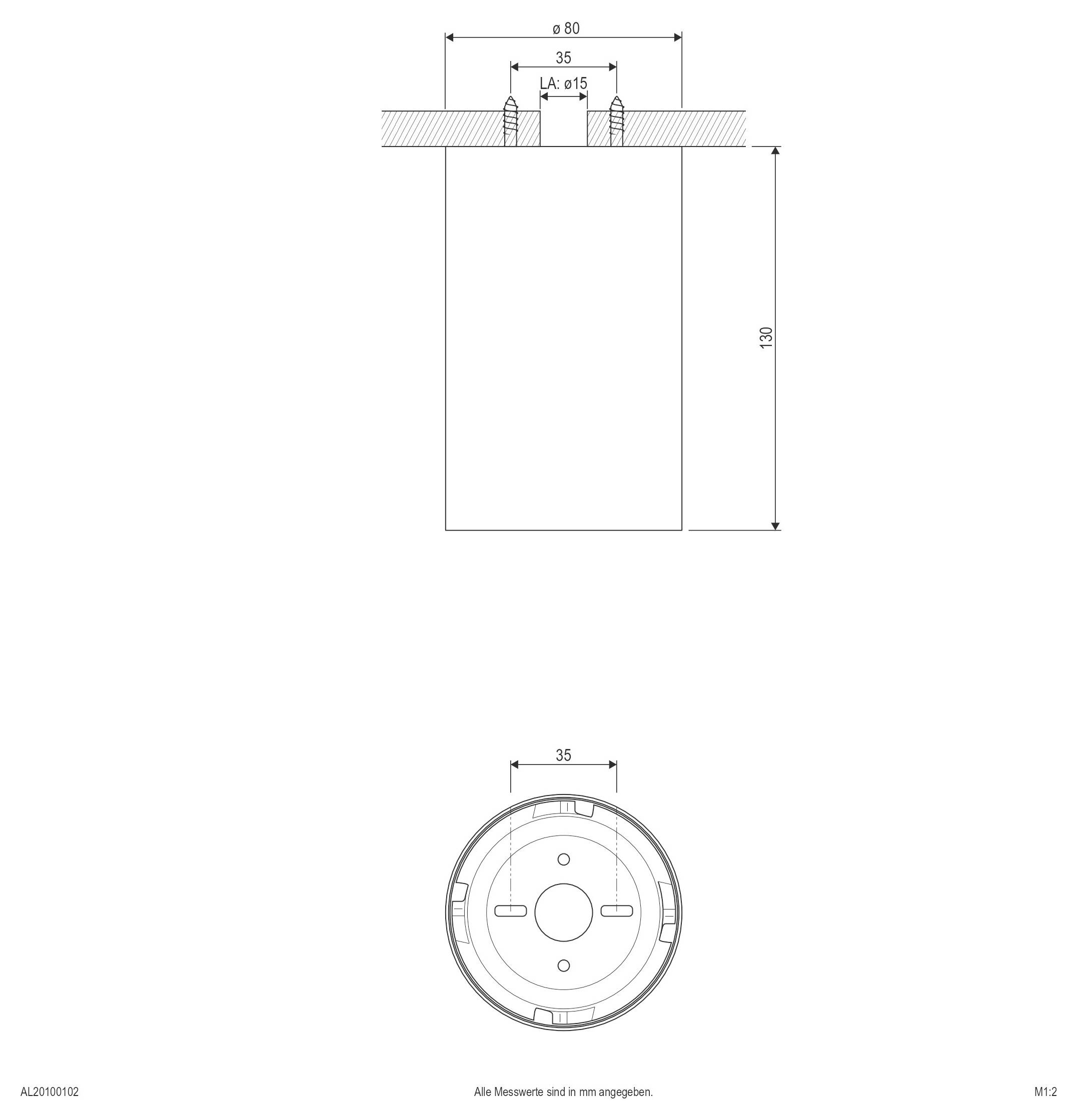 Technische Zeichnung eines zylindrischen Teils mit Draufsicht und Vorderansicht, die Abmessungen Ø80, 35 und 130 zeigen, mit der Notiz 