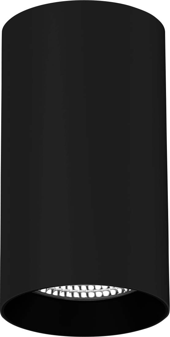 Ein schwarzer zylindrischer Deckenstrahler mit sichtbarer LED-Lichtquelle, geeignet für moderne Innenbeleuchtung.