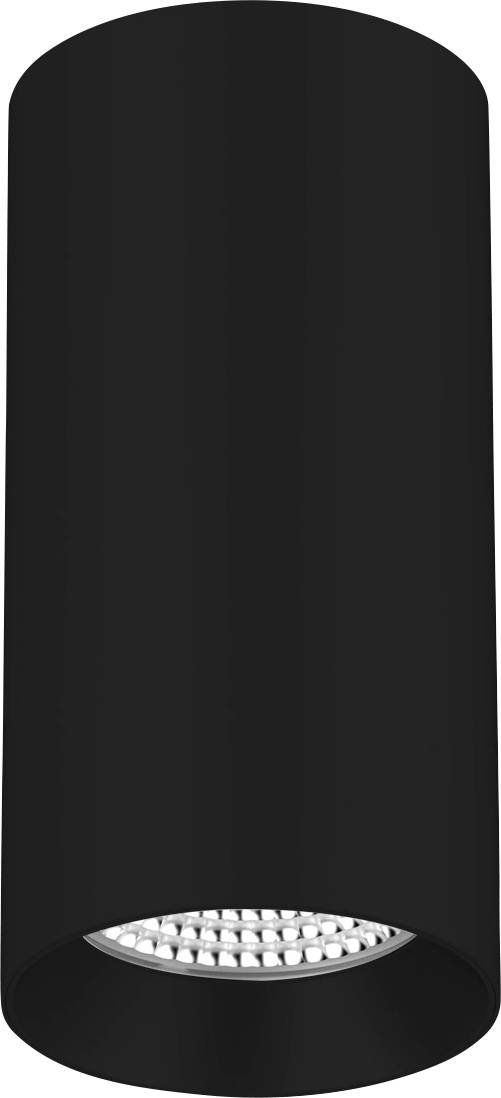 Zylinderförmige schwarze Deckenleuchte mit einem LED-Spotlicht an der Unterseite.