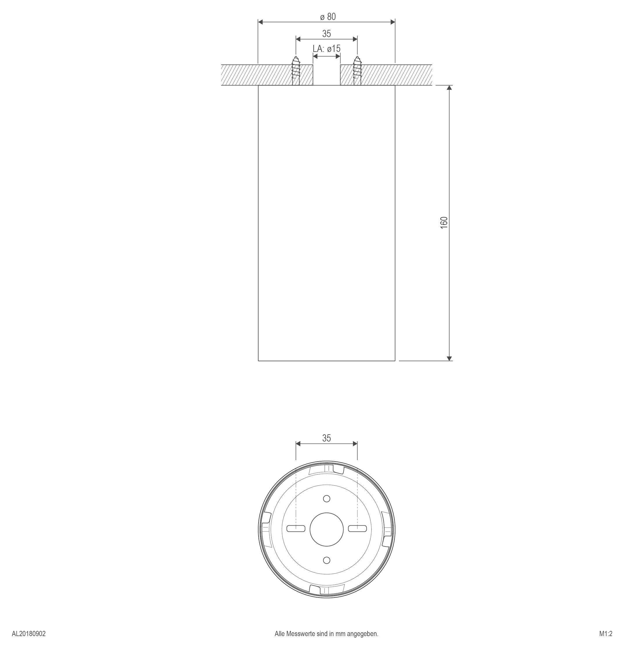 Technische Zeichnung eines zylindrischen, an der Decke angebrachten Geräts, das Draufsicht und Seitenansicht mit Abmessungen zeigt: 80 mm Durchmesser, 160 mm Länge und 35 mm Befestigungsbreite.