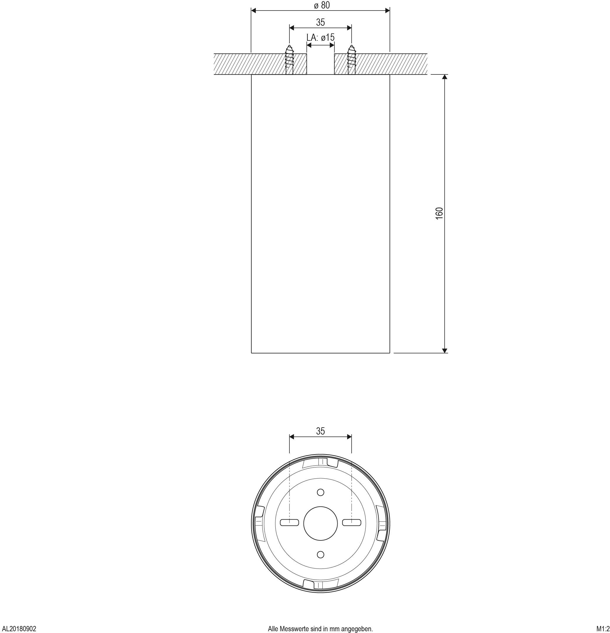 Technische Zeichnung eines zylindrischen Objekts mit Maßen: Höhe 150 mm, Durchmesser 35 mm; Befestigungslöcher 2x5 mm Abstand 80 mm.