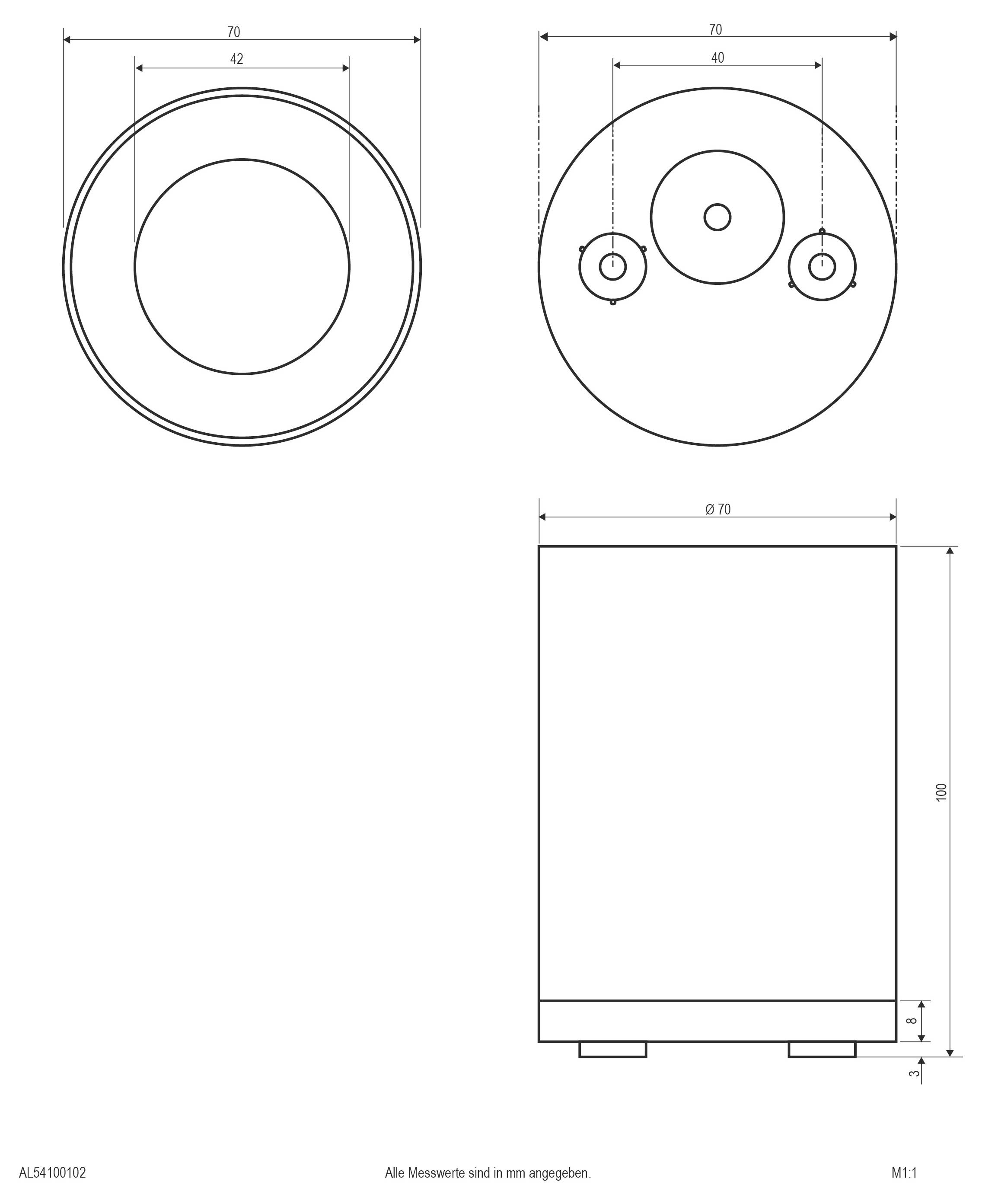 Technische Maßzeichnung eines zylindrischen Geräts mit Vorder-, Draufsicht und Seitenansicht, das einen Durchmesser von 70 mm und eine Höhe von 100 mm aufweist.