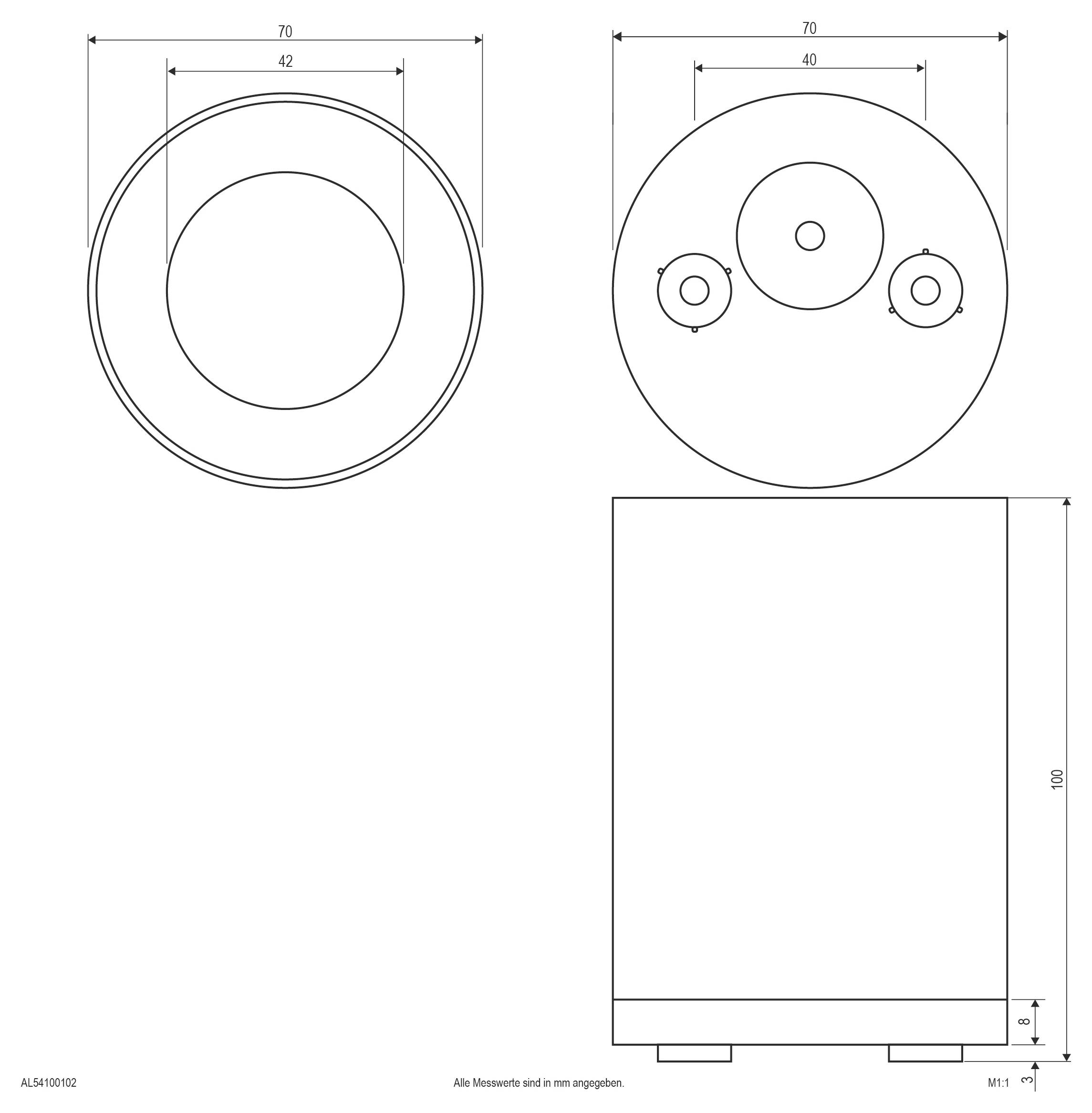 Technische Maßstabzeichnungen einer kreisförmigen Komponente und eines rechteckigen Gehäuses mit angegebenen Durchmessern, Lochpositionen und Gesamthöhe in Millimetern.