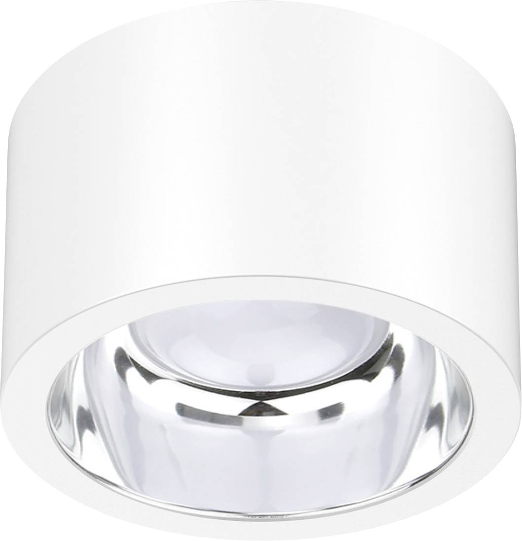 Weiße zylindrische Deckenleuchte mit versenkte klarer Glaslinse und reflektierendem inneren Ring.