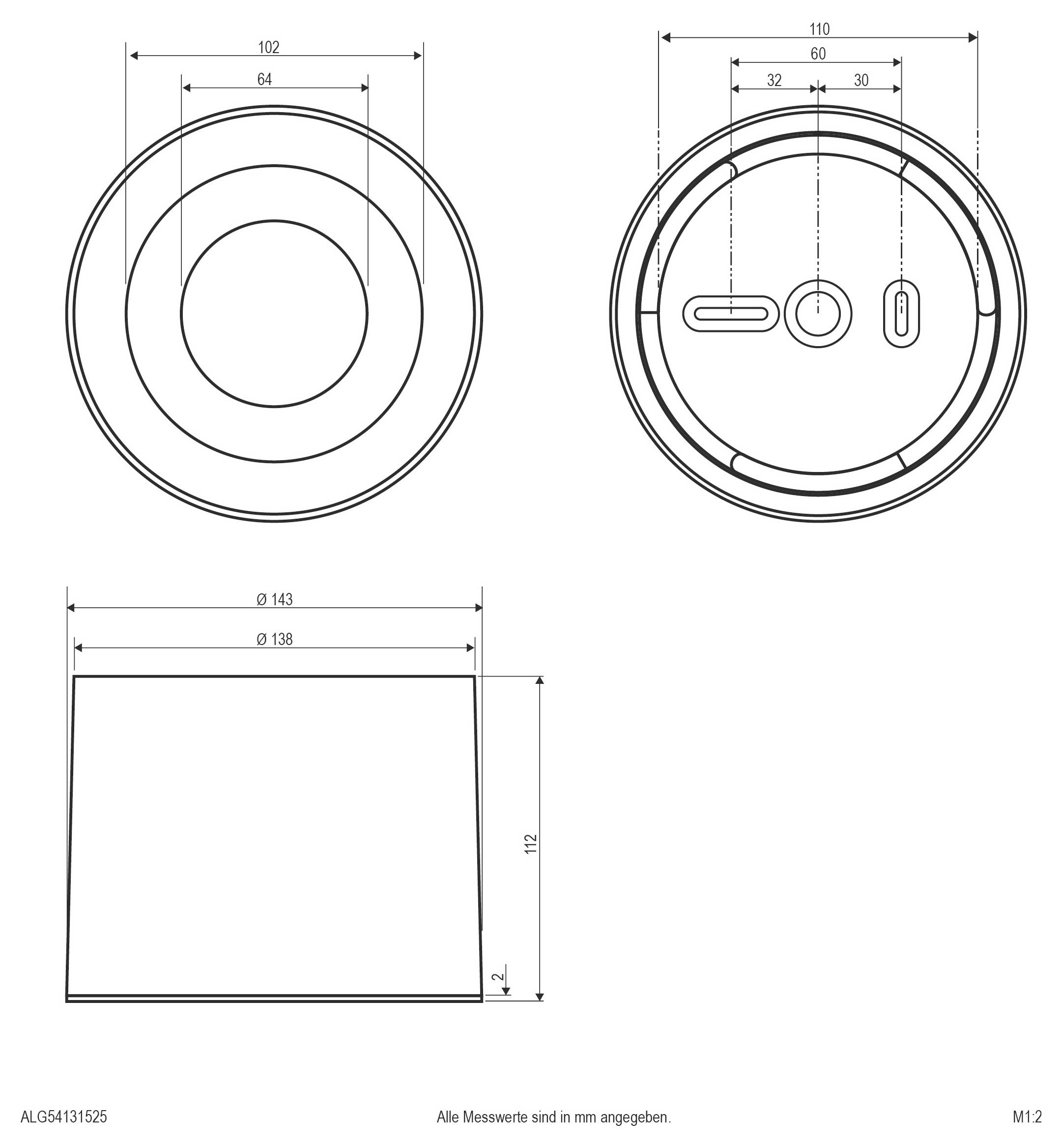 Technische Maßzeichnung einer runden Einbau-Leuchte: Draufsicht mit konzentrischen Kreisen und Abmessungen 100, 206, 216, 230; Seitenansicht zeigt gestapelte Schichten und Höhenabmessungen 12, 21, 22, 25.