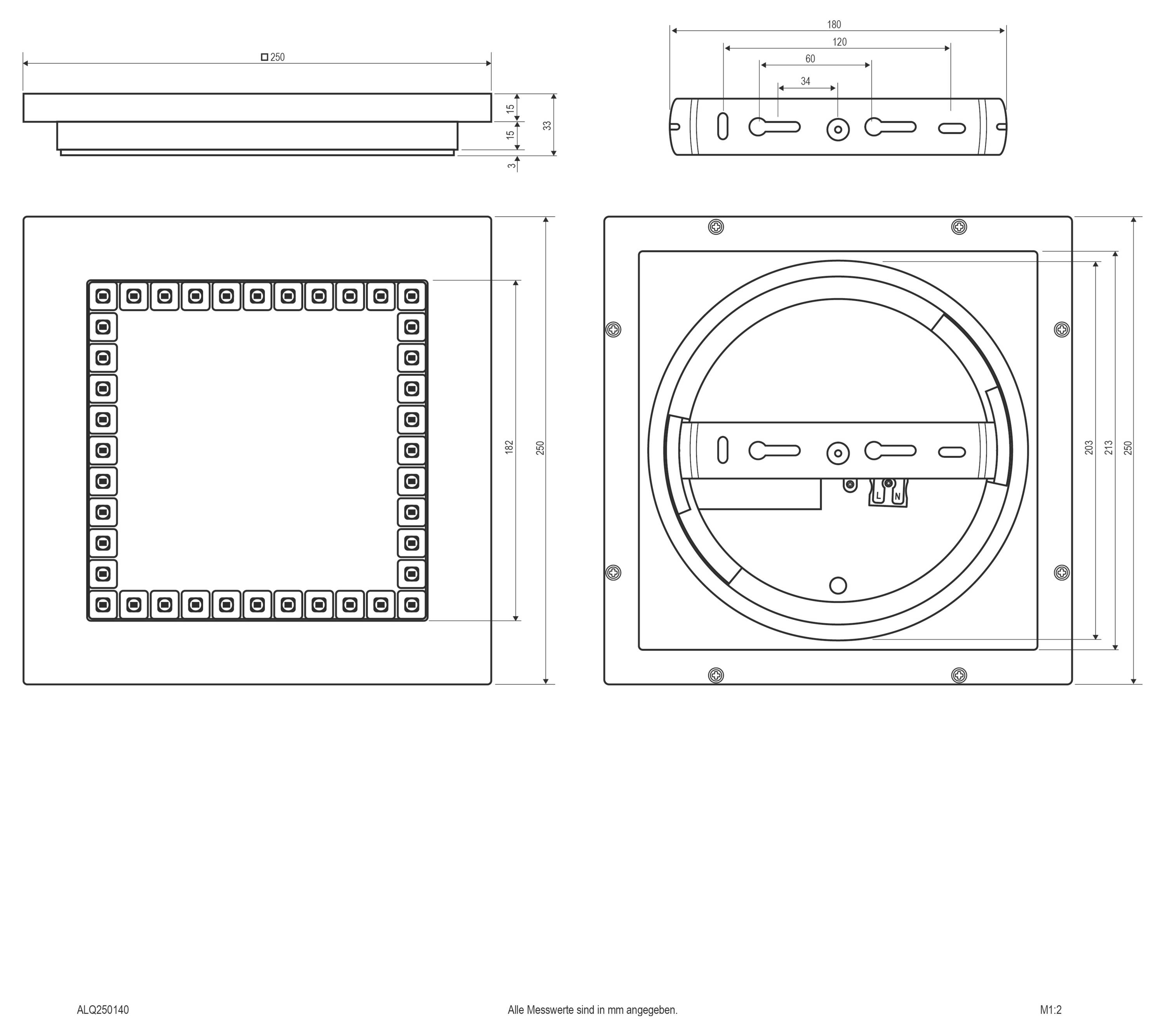 Technische Maßstabzeichnung einer quadratischen Einbauleuchte mit einer kreisförmigen inneren Baugruppe, dargestellt in Draufsicht, Seitenansicht und Vorderansicht mit Abmessungen in mm.