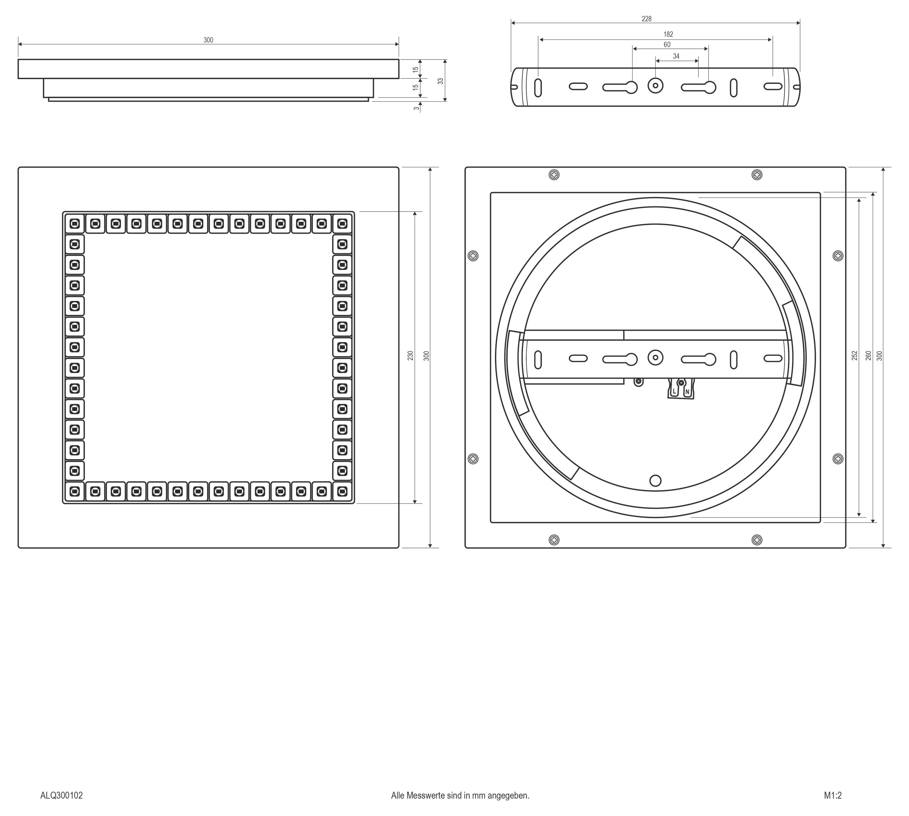 Technische Zeichnung einer quadratischen Deckenmontage in mehreren Ansichten, einschließlich Abmessungen, einer quadratischen Frontplatte mit Schraubenlöchern und einer kreisförmigen Hinteranordnung.