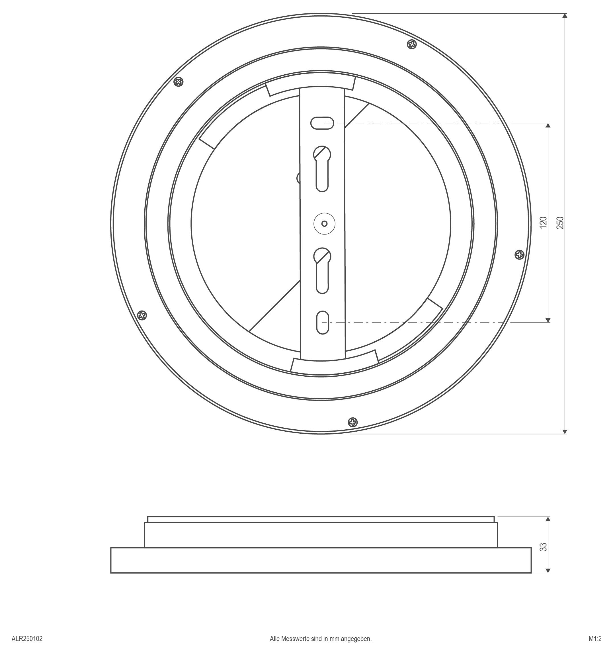 Technische Zeichnung einer kreisförmigen eingelassenen Einbauleuchte mit einer zentralen Montageklammer, dargestellt in Front- und Seitenansicht mit den Abmessungen 250 mm und 120 mm.