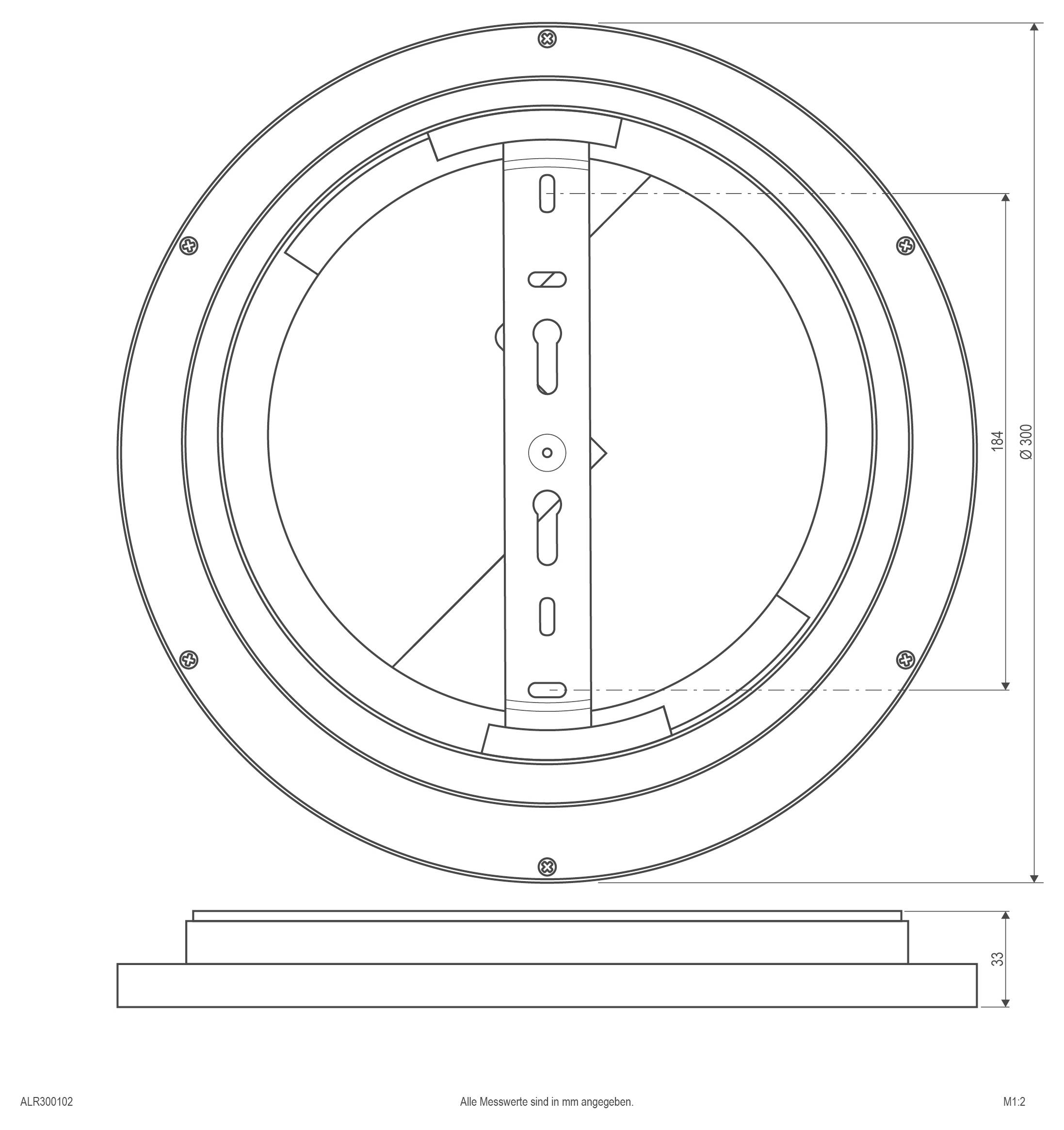 Technische Zeichnung einer kreisförmigen wandmontierten Komponente mit einer zentralen vertikalen Platte, dargestellt in Vorder- und Seitenansicht mit Abmessungen.
