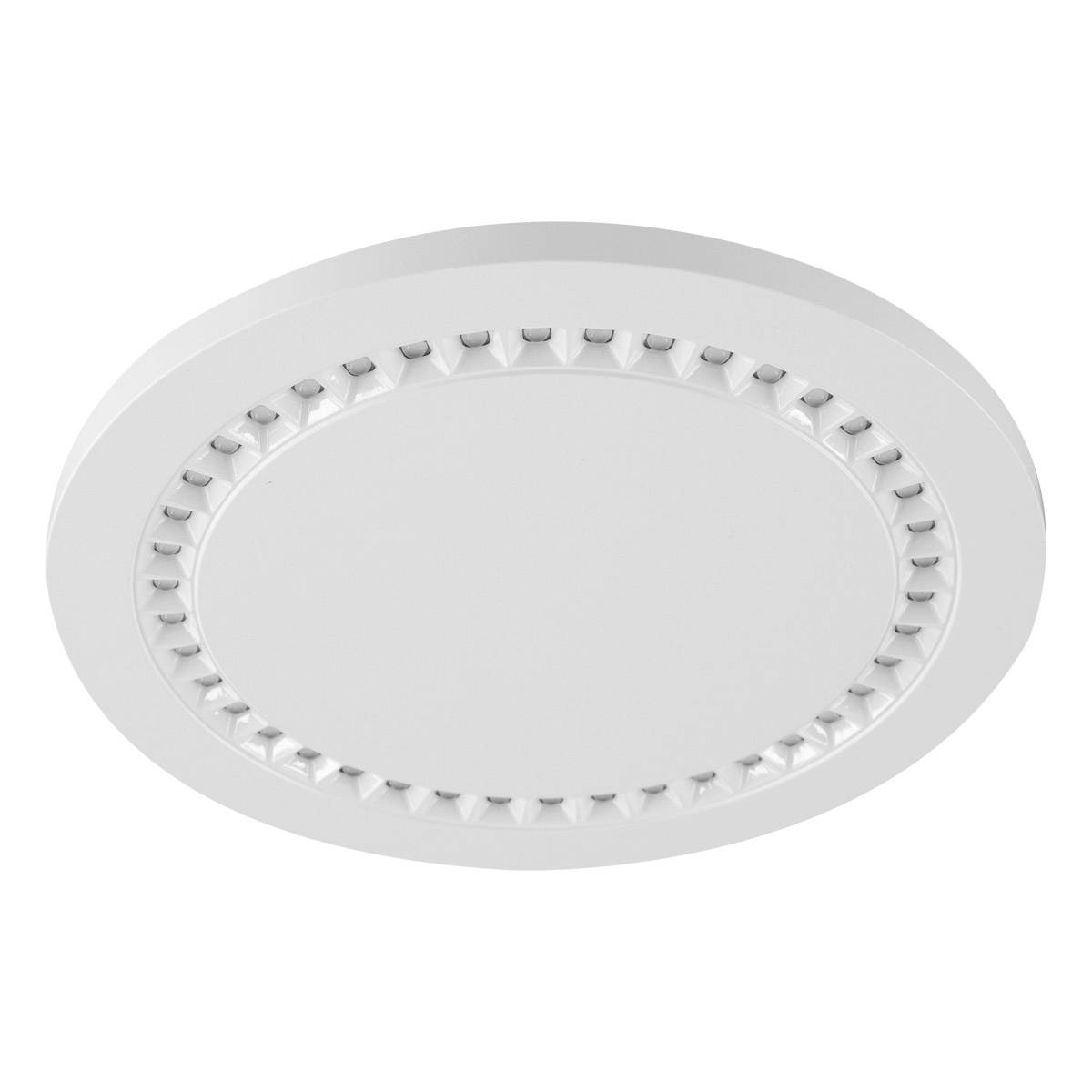 Eine runde, flache LED-Deckenleuchte mit weißem Rahmen und gleichmäßig verteilten kleinen Leuchtpunkten am Rand.