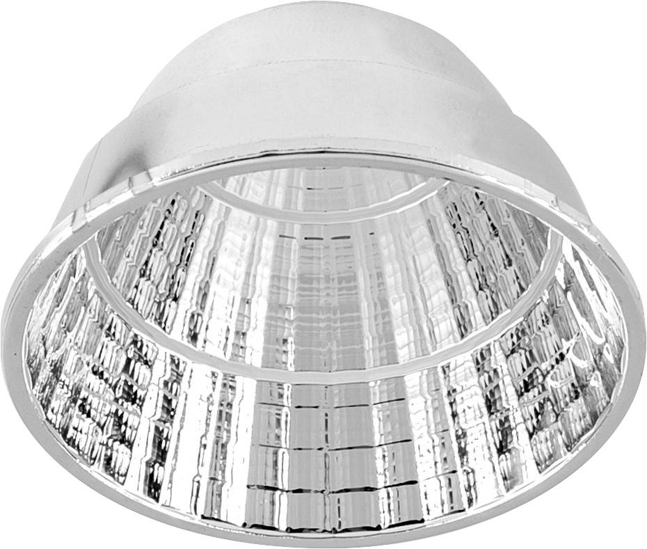 Silberner Kuppelreflektor mit glänzendem verspiegeltem Inneren, von unten betrachtet.