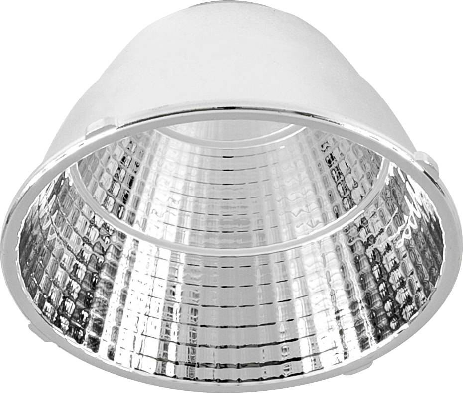 Nahaufnahme einer weißen, bündig eingebauten Deckenleuchten-Blende mit glänzendem metallischem Inneren.