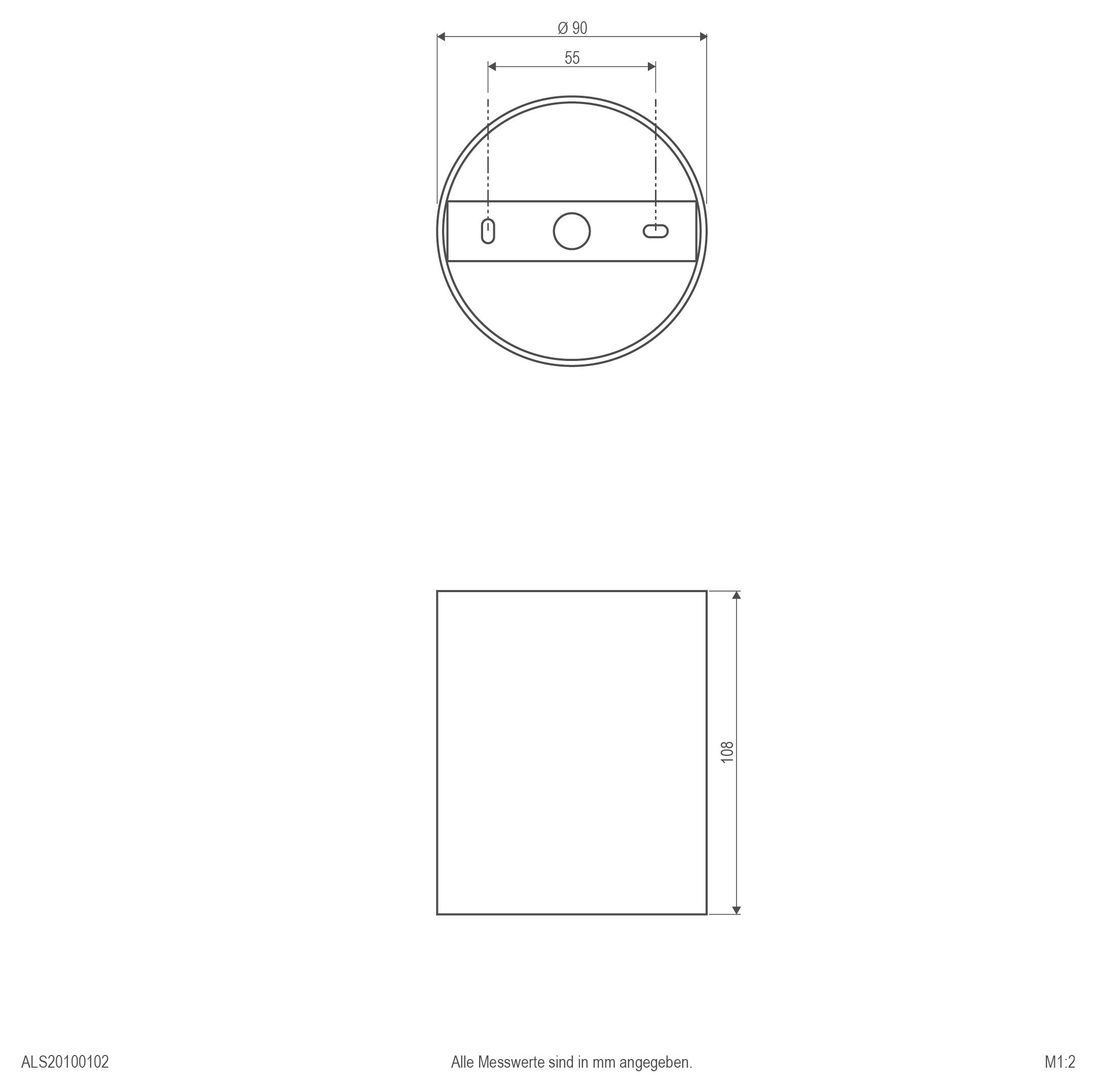 Technische Zeichnung eines kreisförmigen Bauteils, Draufsicht Durchmesser 90 mm mit 55 mm Abstand; Vorderansicht ist ein 108 mm hohes Rechteck, alle Abmessungen in Millimetern.