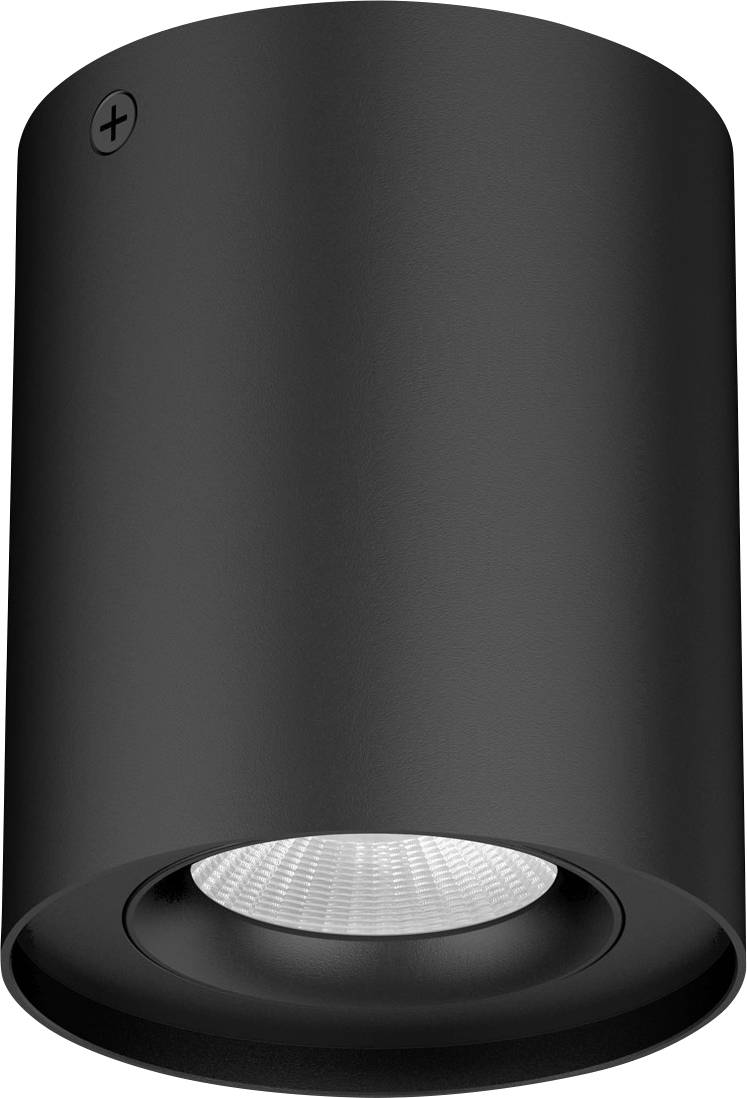 Zylindrische, schwarze Deckenleuchte mit sichtbarem Lichtauslass an der Unterseite.