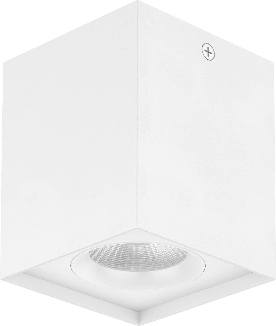 Weiße, quadratische Deckenleuchte mit sichtbarem LED-Spot in der Mitte, geeignet für moderne Innenräume.