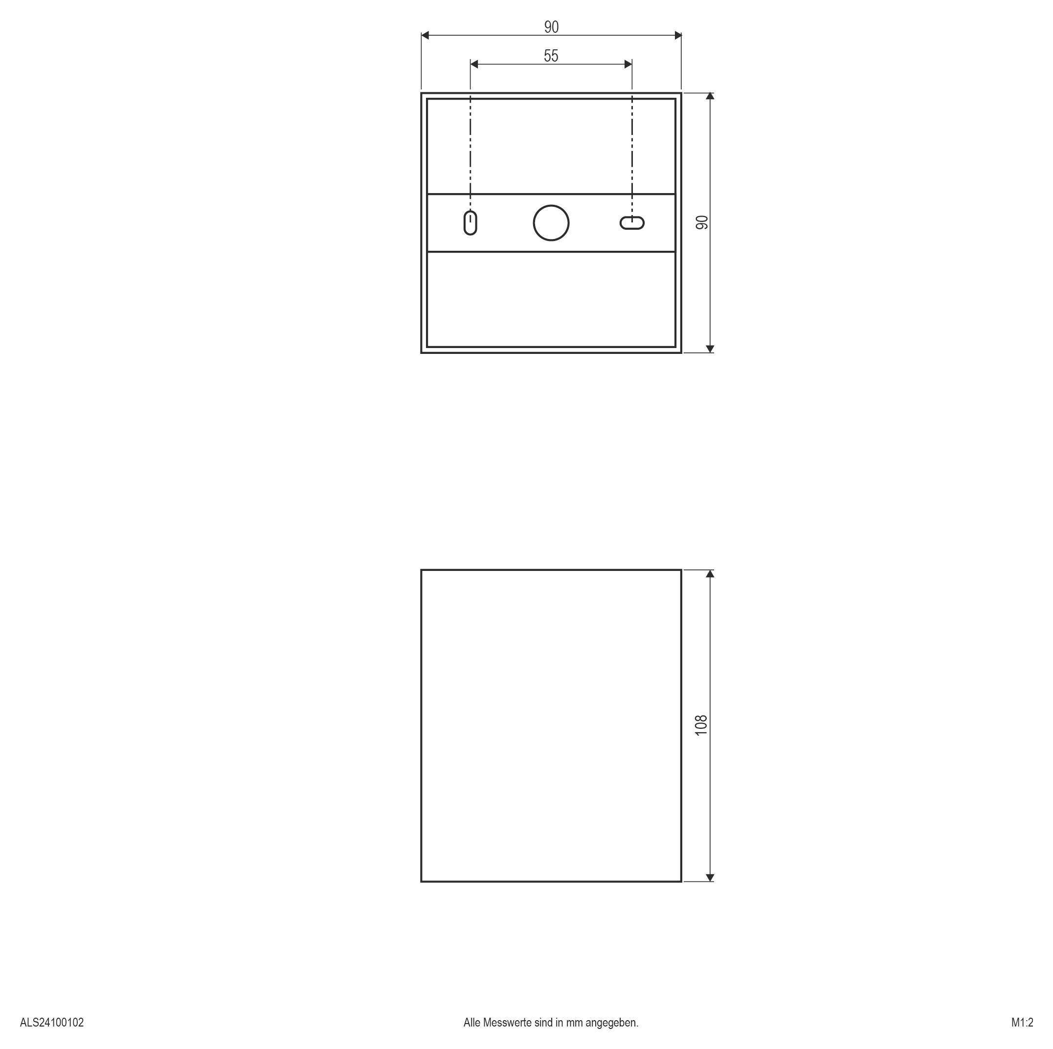 Technische Zeichnung einer rechteckigen Einheit, Vorder- und Seitenansicht mit Abmessungen 90 x 90 und 55 breit, zeigt drei vordere Öffnungen und eine Anmerkung, dass alle Messungen in mm erfolgen.