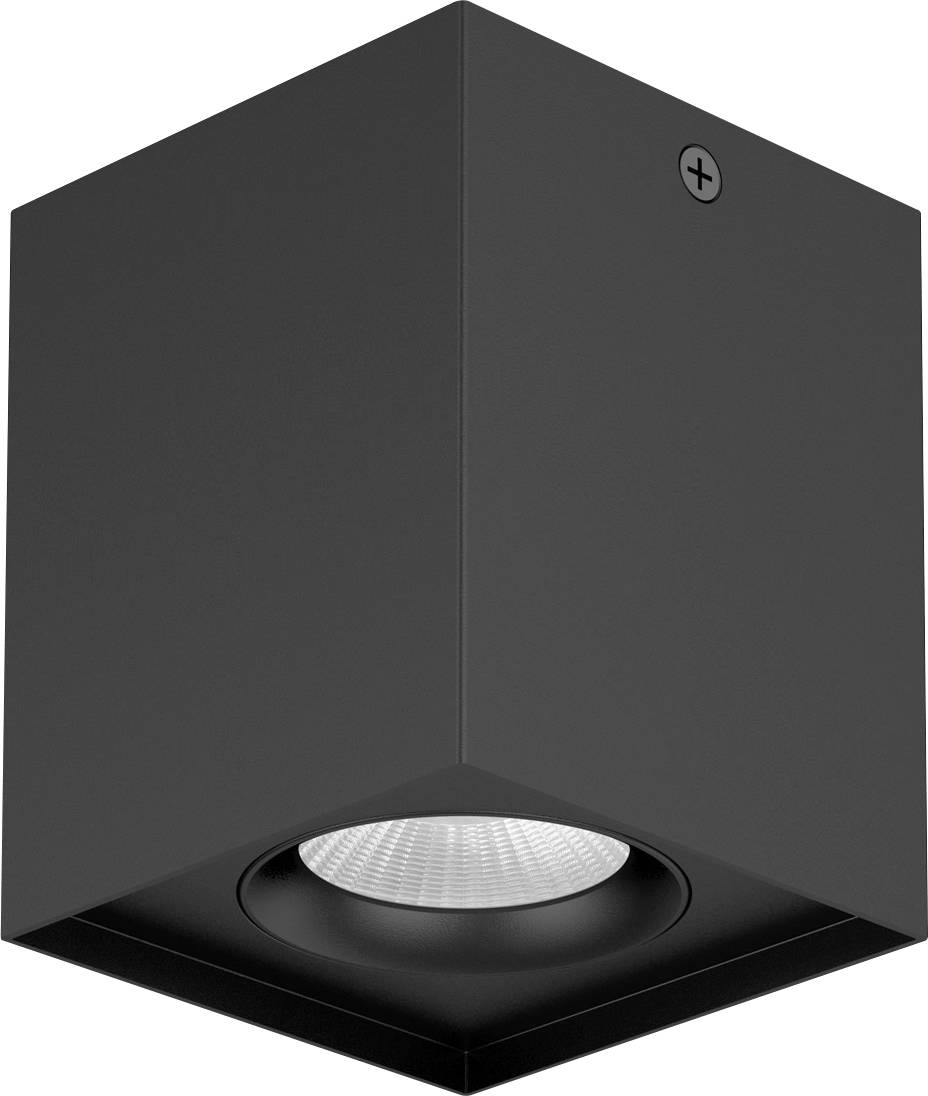 Schwarze, würfelförmige Deckenleuchte mit offener Unterseite, sodass die Glühbirne sichtbar ist.