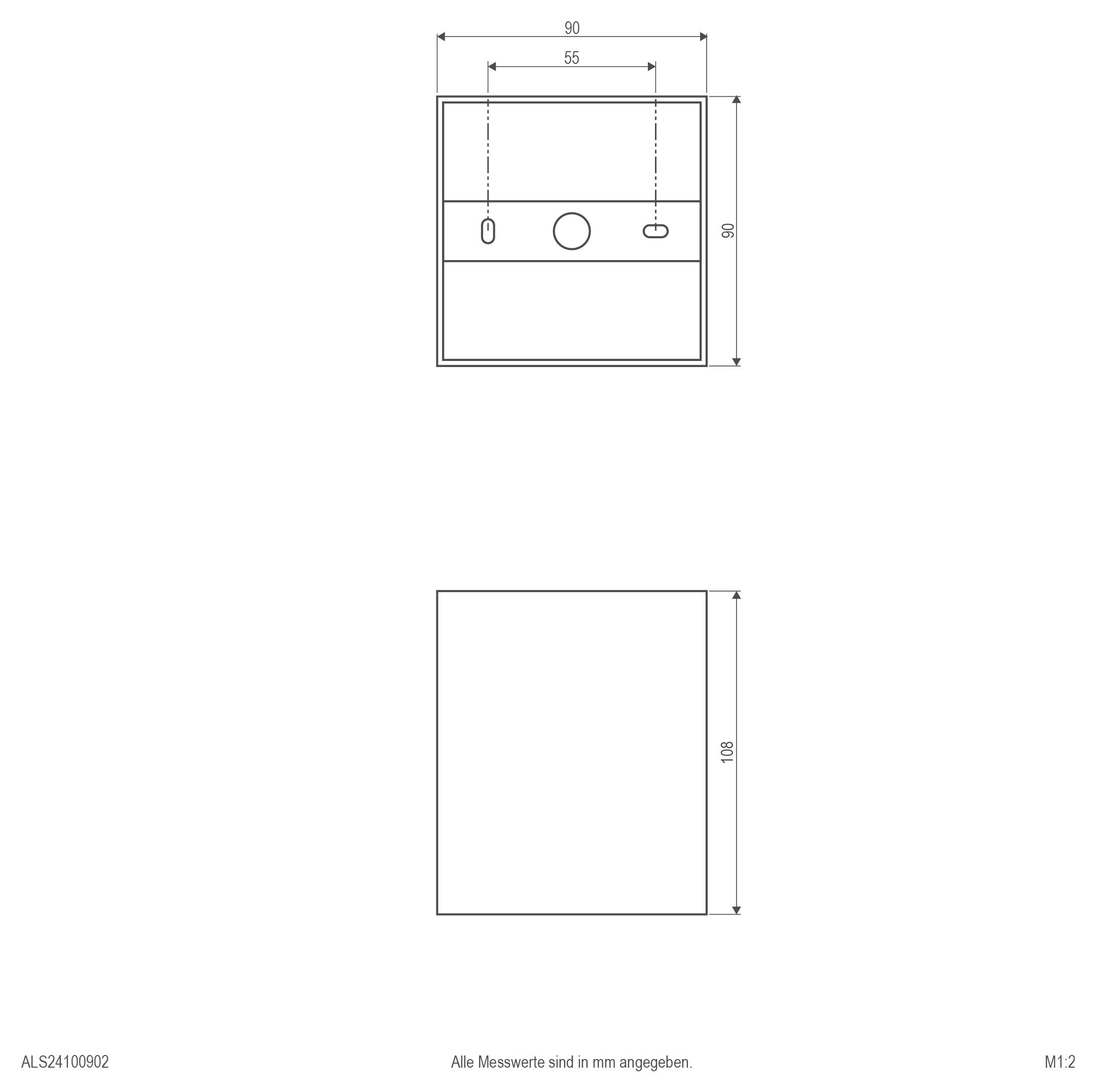 Technische Zeichnung eines rechteckigen Wandpaneels, dargestellt in Vorder- und Seitenansicht, mit Abmessungen von 90 mm Breite, 90 mm Höhe und 108 mm Tiefe; umfasst drei Ausschnitte an der Vorderseite.