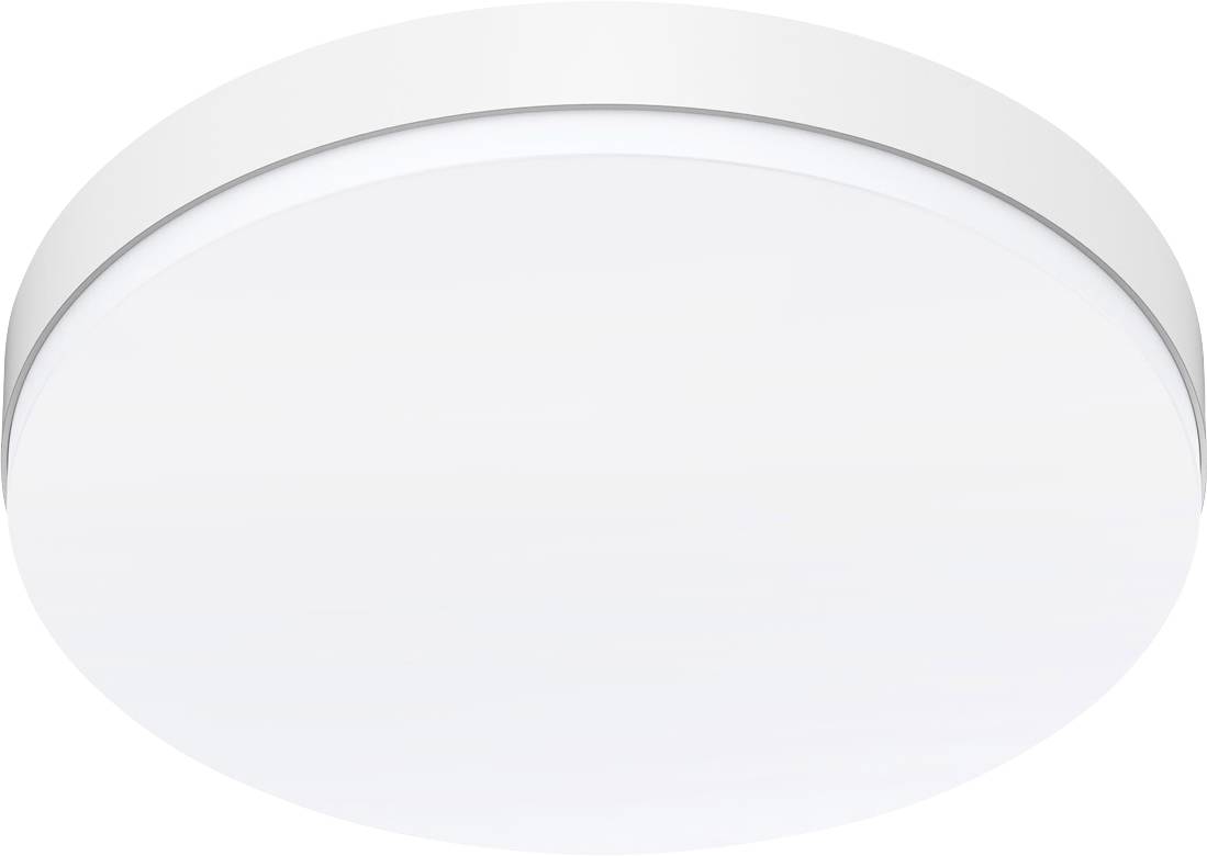 Runde weiße Deckenleuchte mit einem glatten, flachen Diffusor und subtiler grauer Einfassung.