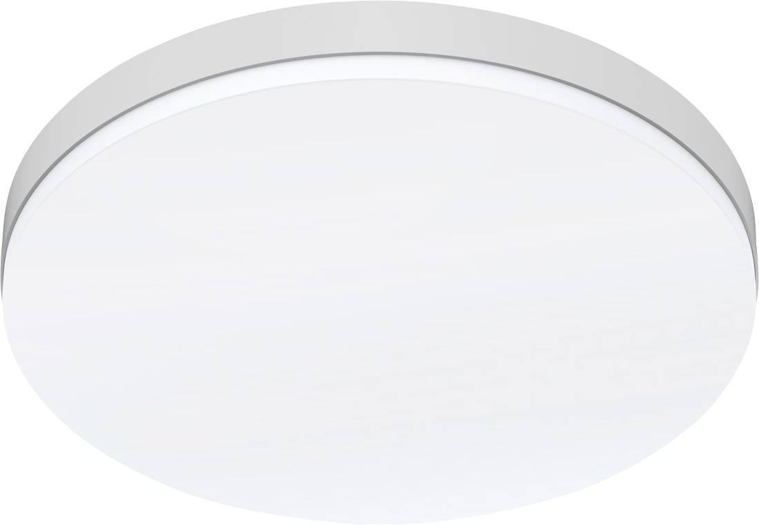 Runde weiße Deckenleuchte mit silbernem Rand und weichem Glanz.