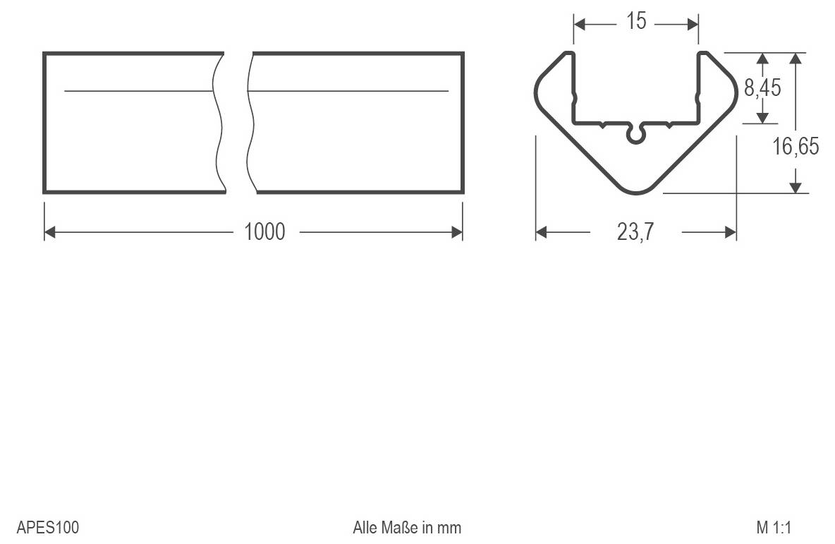 Technische Zeichnung eines 1000 mm langen Teils mit V-förmigem Querschnitt; wichtige angegebene Abmessungen sind 15, 8,45, 16,65 und 23,7 mm.