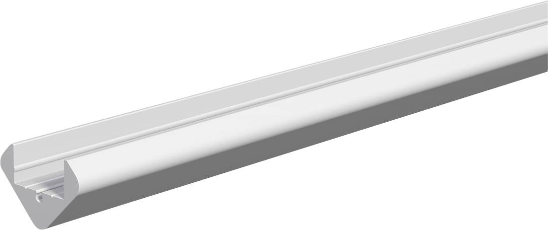 Metallische Silberne Eckschutzleiste oder Kantenschutz, dargestellt in einer schrägen 3D-Ansicht auf weißem Hintergrund.