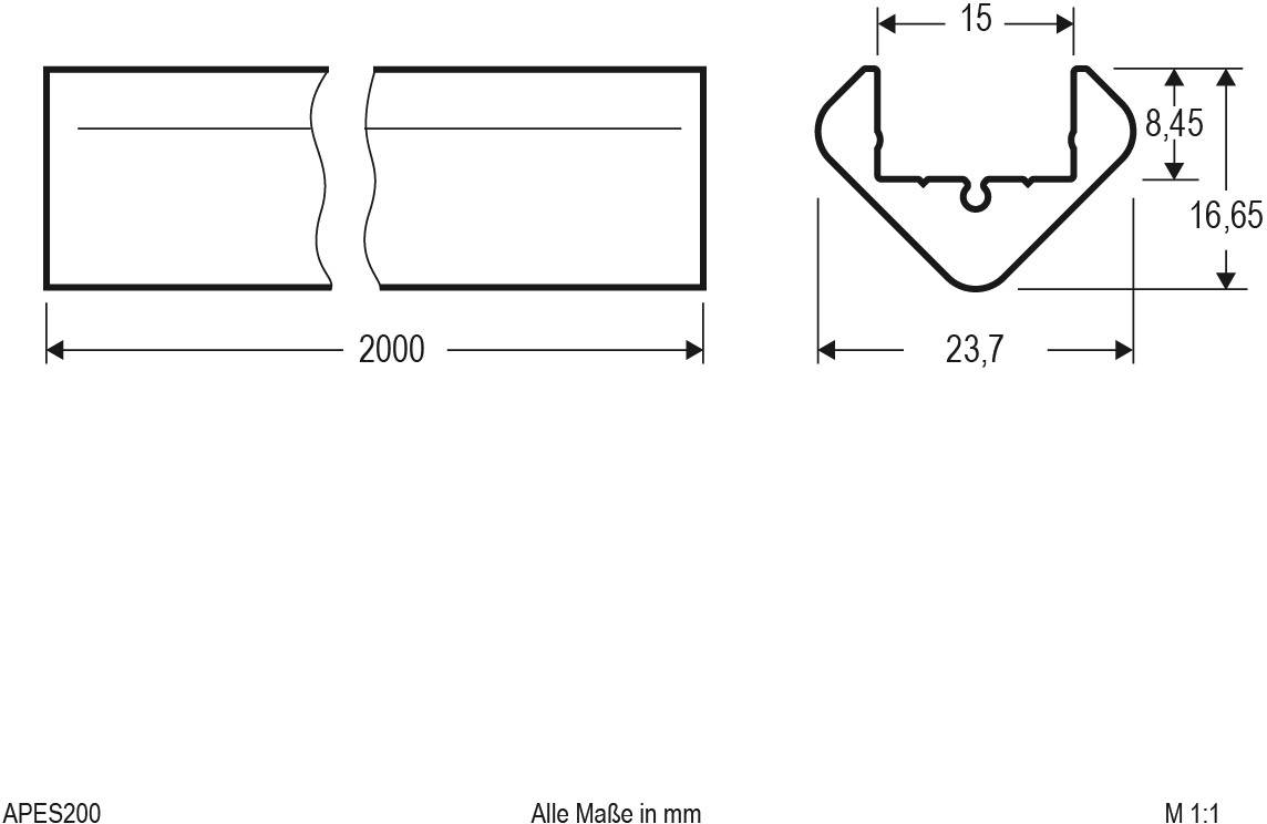 Technische Zeichnung mit Abmessungen eines länglichen Objekts: 2000 mm lang, Querprofil zeigt Breite 23,7 mm, Höhe 16,65 mm.