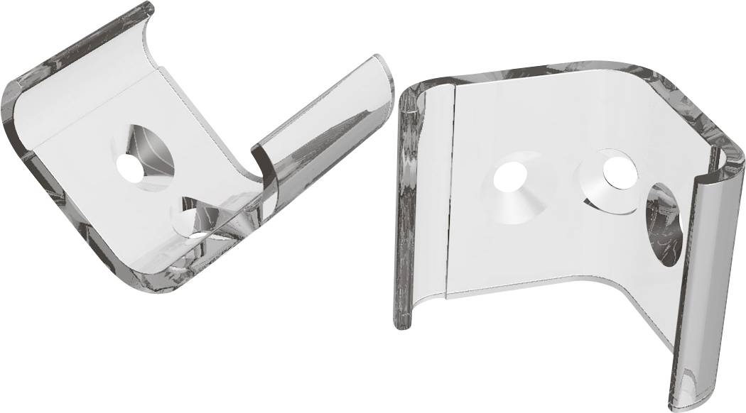Zwei transparente Kunststoffwinkel mit je zwei Löchern zur Befestigung, auf weißem Hintergrund.