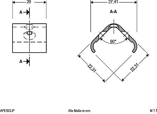 Technische Zeichnung eines Clips mit Seiten- und Vorderansicht, Abmessungen von 20 mm Breite und 22,31 mm Tiefe, Winkel von 90 Grad.